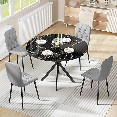 Miniatura 10 de Hooseng - Juego de mesa redonda de comedor para 4 con sillas de cuero, mesa de cocina de 39 pulgadas con tapa de mármol sintético y lujosas sillas