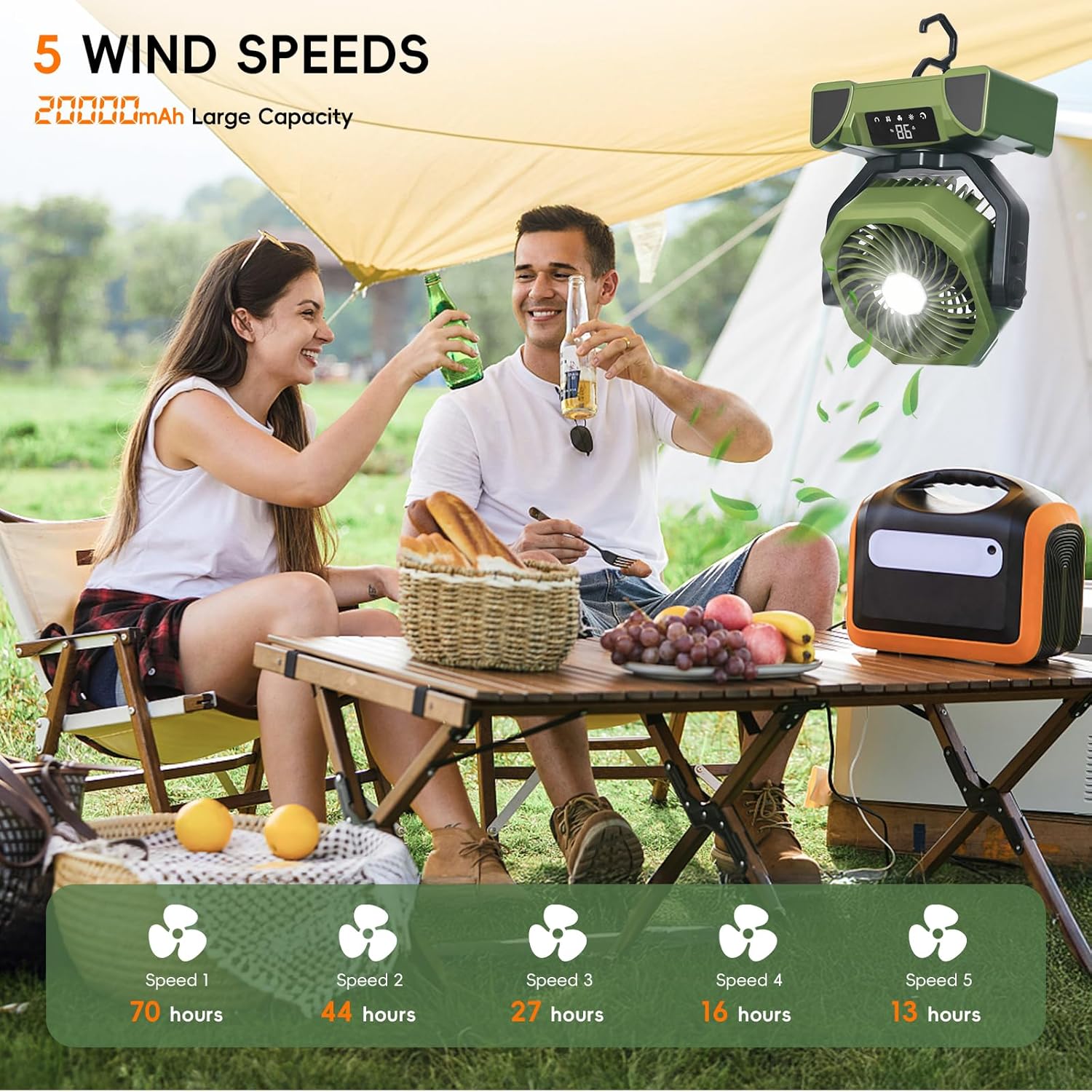 20000mAh Portable Camping Fan, Rechargeable Battery Powered Fan with Remote Control & Oscillating, LED Display, Light, Timer, Rotation, Hanging Hook for Outdoor Camp, Beach, Travel Tent - Image 3