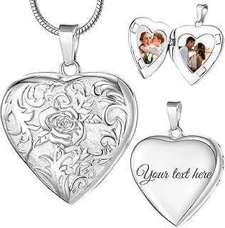 Fanery Sue Personalized Vintage Locket Necklace that Holds Pictures, Customized Picture Lockets Personalized Heart Locket Photo Memorial Jewelry Mothers Day Gifts for Women