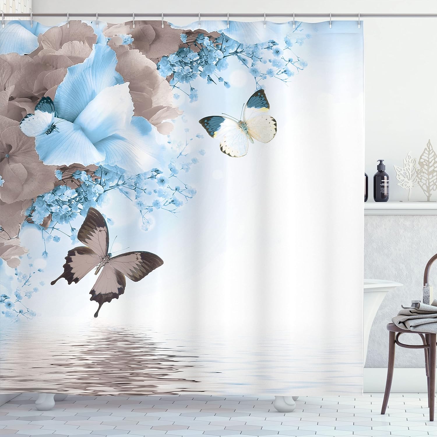 Ambesonne Floral Shower Curtain, Nature Theme Wild Flowers Monarch Flying Butterflies Lily on Lake Therapy Spa, Cloth Fabric Bathroom Decor Set with Hooks, 69" W x 75" L, Warm Taupe