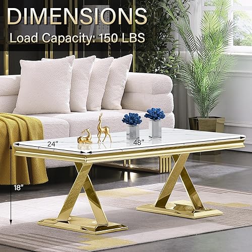 Miniatura 3 de ACEDÉCOR Mesa de centro dorada, mesa central de lujo para sala de estar con mesa blanca y base en X pulida dorada, mesa de té rectangular para sala