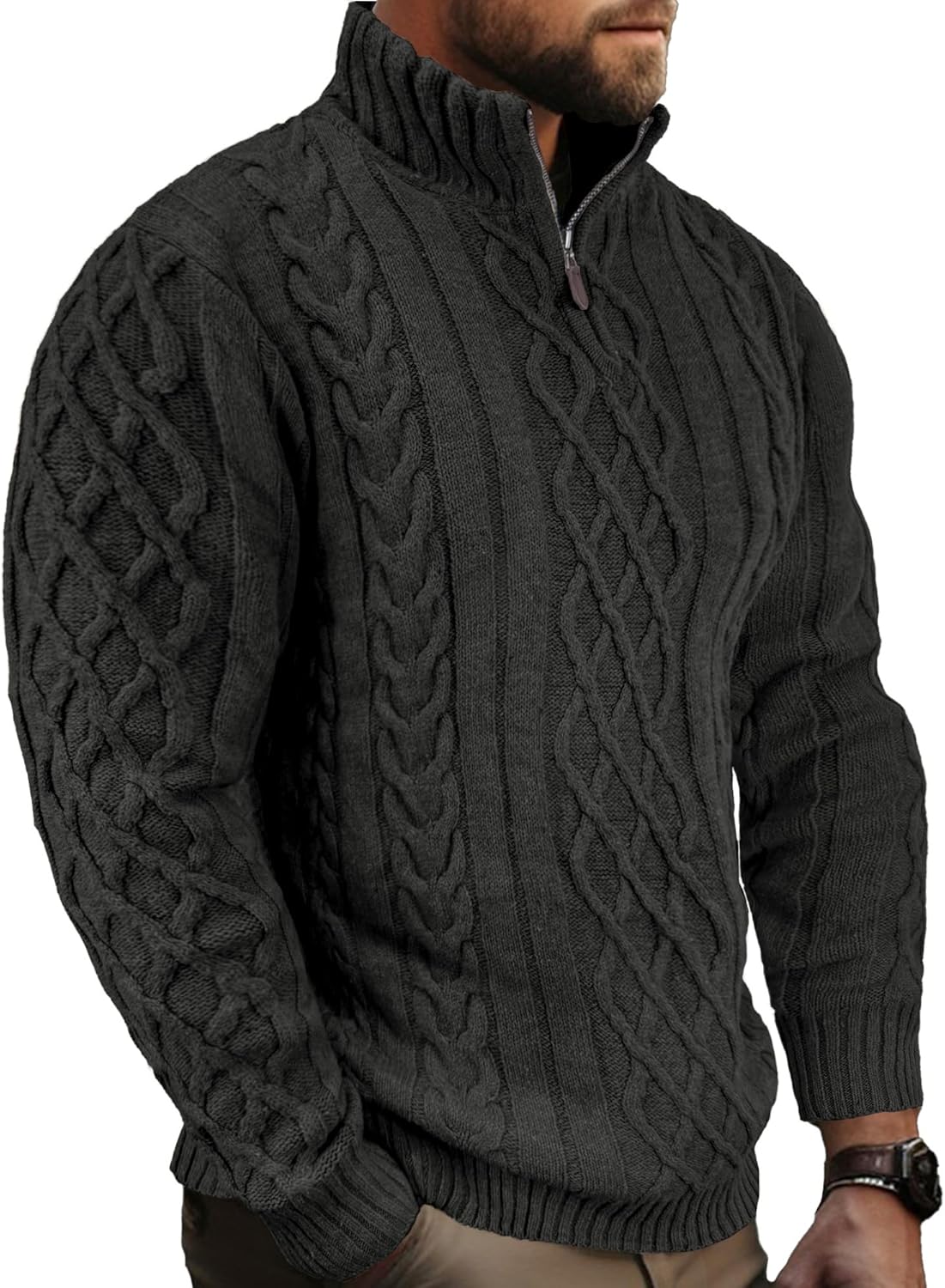 Comdecevis Mens Quarter Zip Sweater Long Sleeve Cable Knit Mock Neck Polo Soft Casual Pullover Sweaters