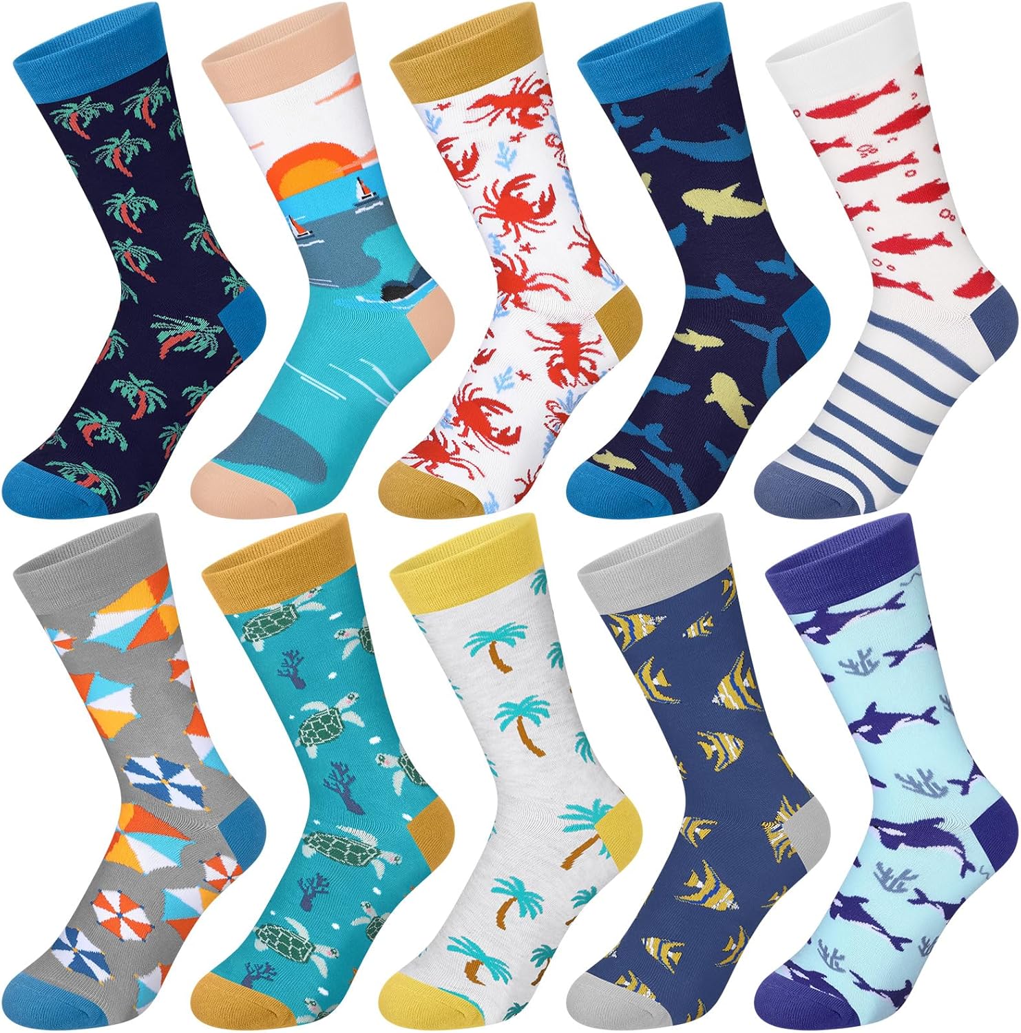 Janmercy 10 Pairs Funny Socks for Men Ocean Themed Assorted Fun Crazy Cute Boardroom Novelty Dress Crew Socks Gift for Men Dad Grandpa Shoe Size 9-12