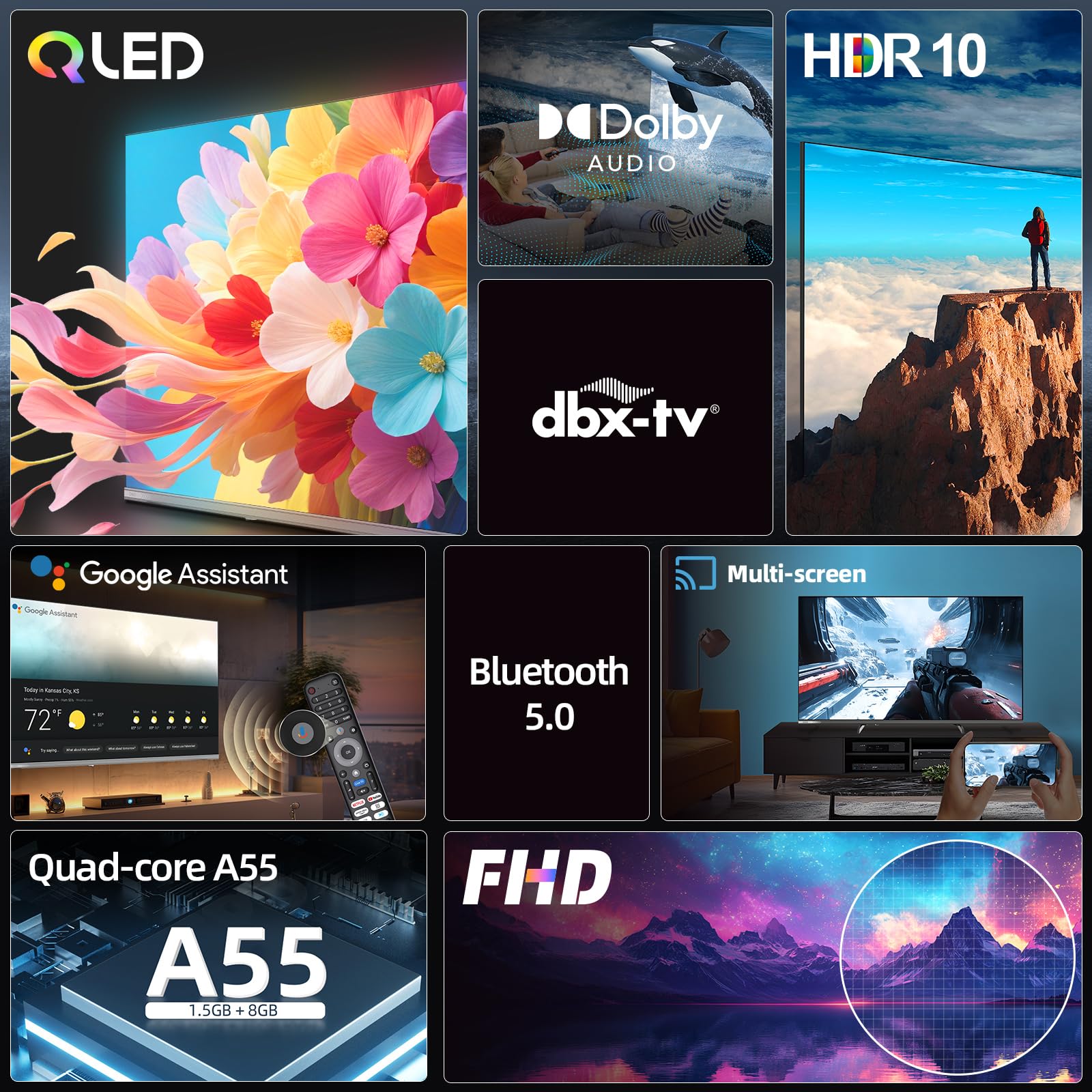 CHiQ 40 Zoll (101cm) FHD, QLED Pro Smart Google TV, Kompatibel mit HDR10, dbx-tv, Apple AirPlay, Prime Video, YouTube, Dolby Audio, mit Google Sprachsteuerung, Rahmenloses Design, L40QST