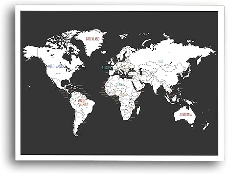 World Map Wall Art Black And White World Map Wall Art Poster (24" X 17") - Unframed Black And White Color World  Map Wall