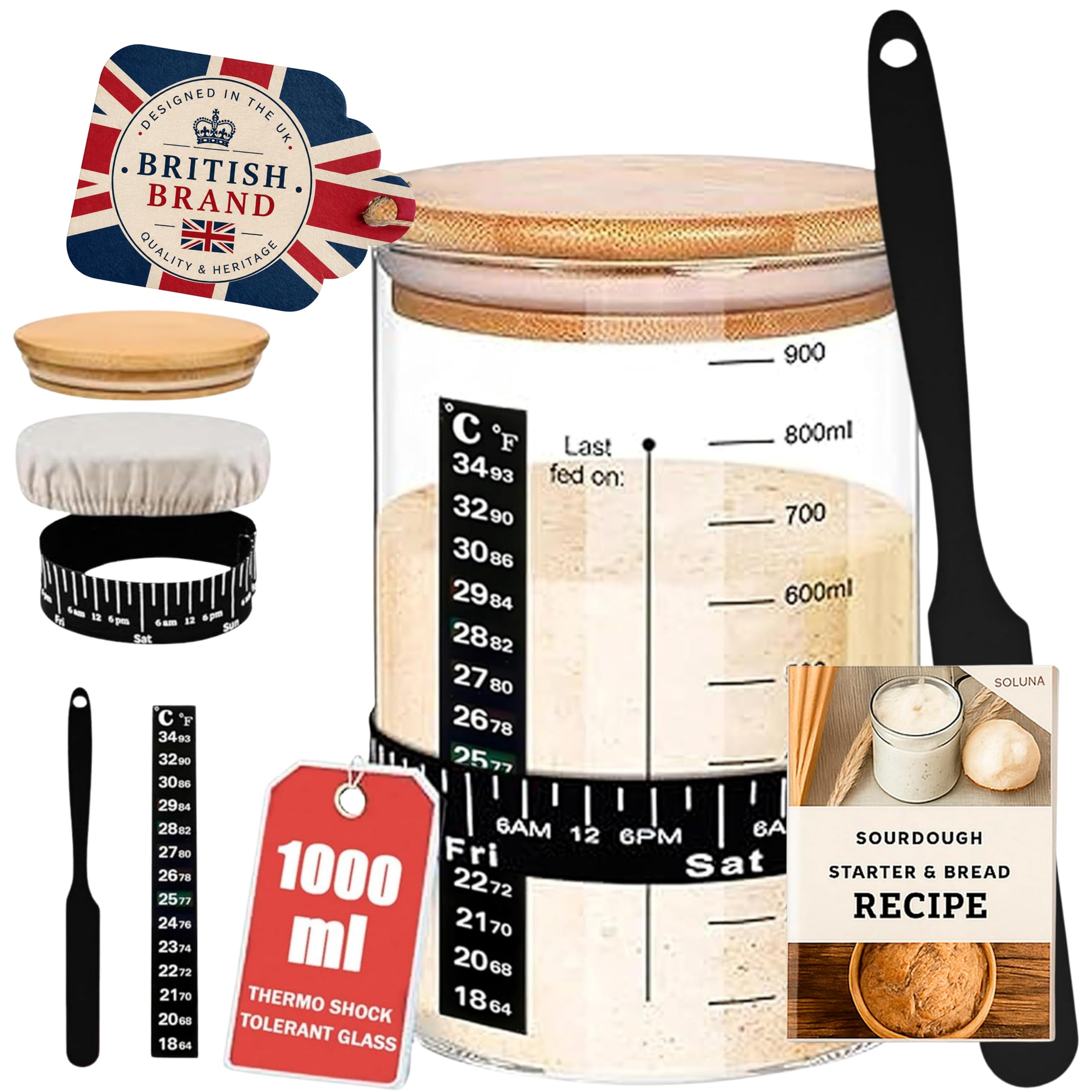 SoLuna. Kit per principianti di pasta madre da 1 litro/1000 ml [vetro di alta qualità] – Grande barattolo per pasta madre in borosilicato, fascia per l'alimentazione della data, termometro/spatola
