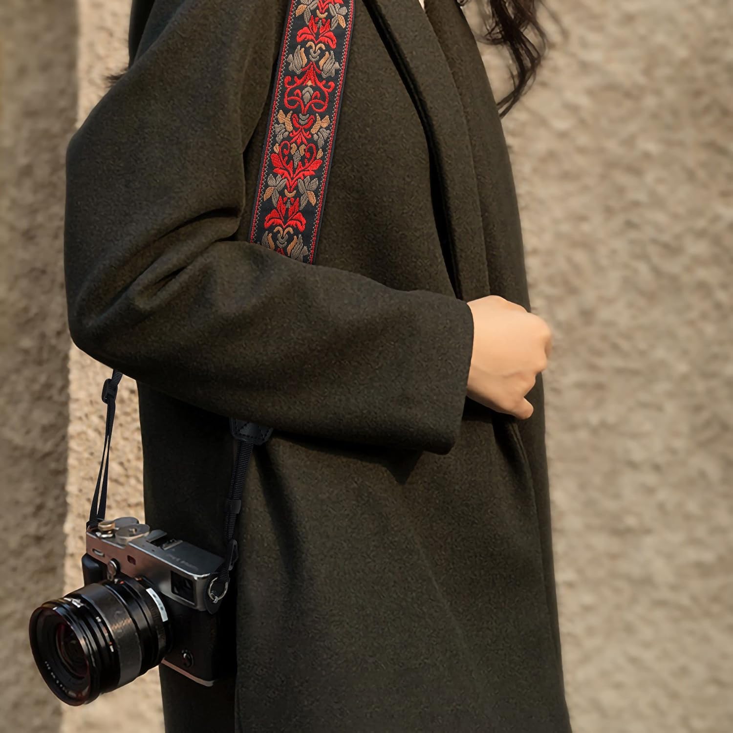 Padwa Lifestyle Camera Strap - 2" Wide Red Vintage Jacquard Embroidery Flower Camera Straps with Genuine Leather Head, Adjustable Neck Shoulder Strap for All Cameras and Men & Women Photographers - Image 3