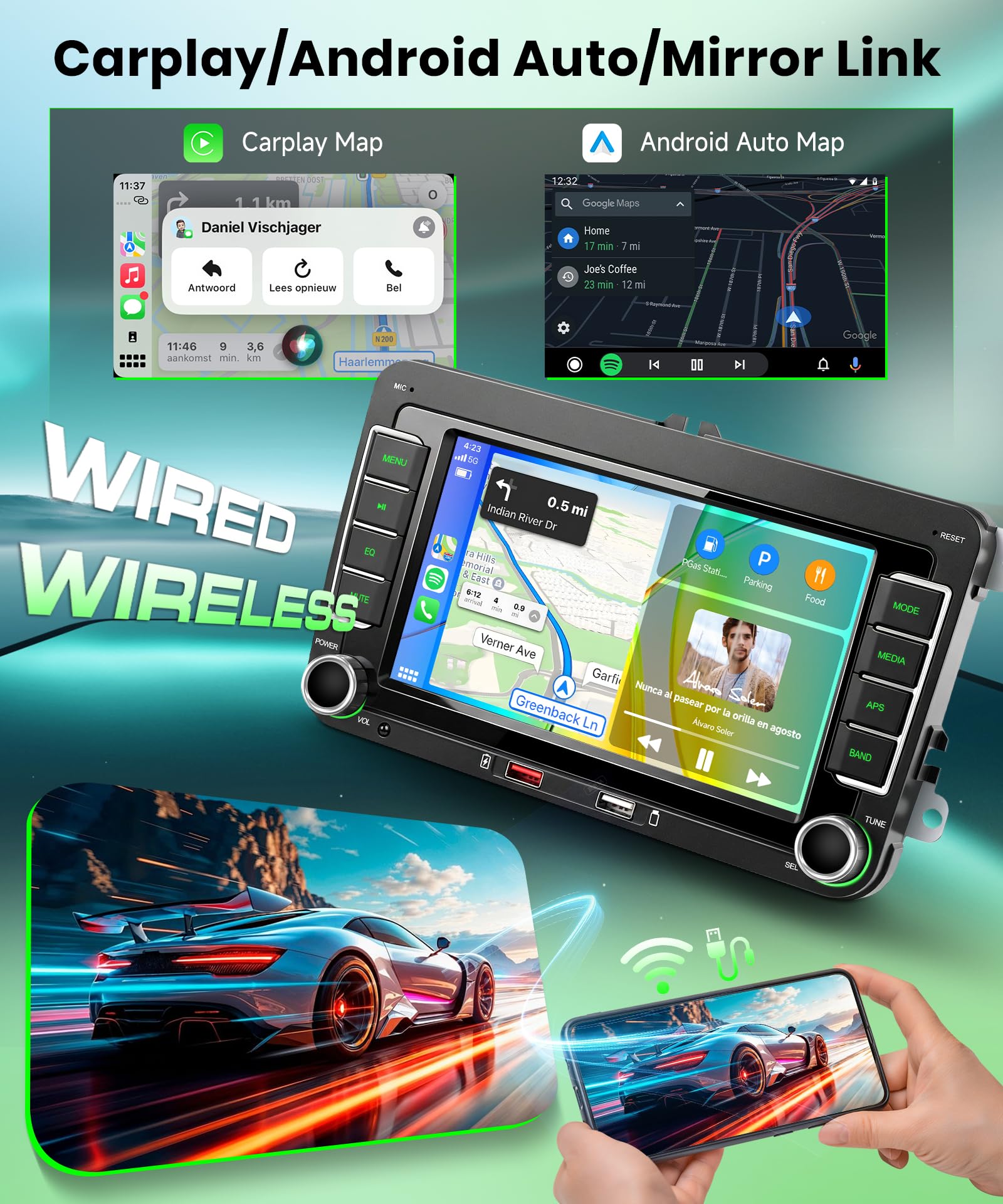 Rimoody Autoradio 2 Din pour VW Golf 5 Golf 6 Passat Polo Tiguan Touran Caddy Skoda Seat, 7" HD Écran,Carplay Wireless Android Auto Mirror Link Bluetooth FM/AM/RDS Caméra de Recul Commandes au Volant