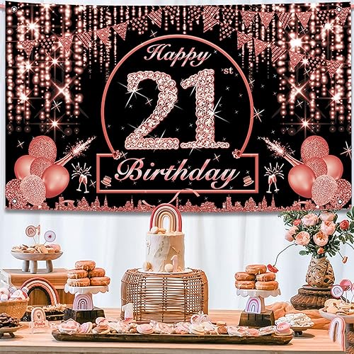 Miniatura 4 de Decoraciones de cumpleaños número 21 para ella, pancarta de cumpleaños número 21 para mujer, suministros de fiesta de cumpleaños de 21 años,