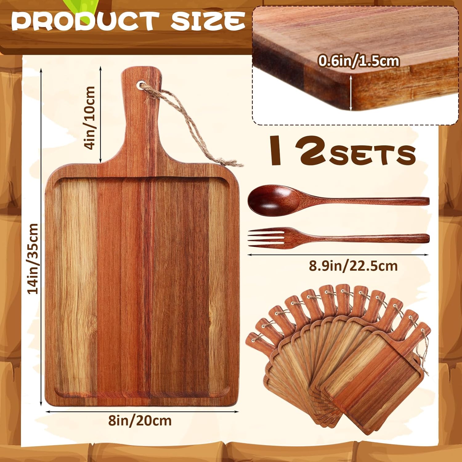 Tanlade 12 Sets Acacia Wood Cutting Board with Wooden Spoons and Forks Kitchen Chopping Boards with Handle Serving Charcuterie Tray for Housewarming Gift(13.78 x 7.87 x 0.59 inches)