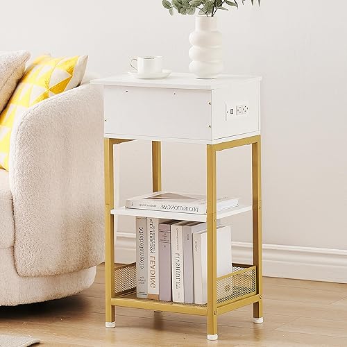 Mesita de noche con estación de carga, mesas auxiliares con puertos USB y tomacorrientes, mesita de noche delgada con cajón deslizante y estante de