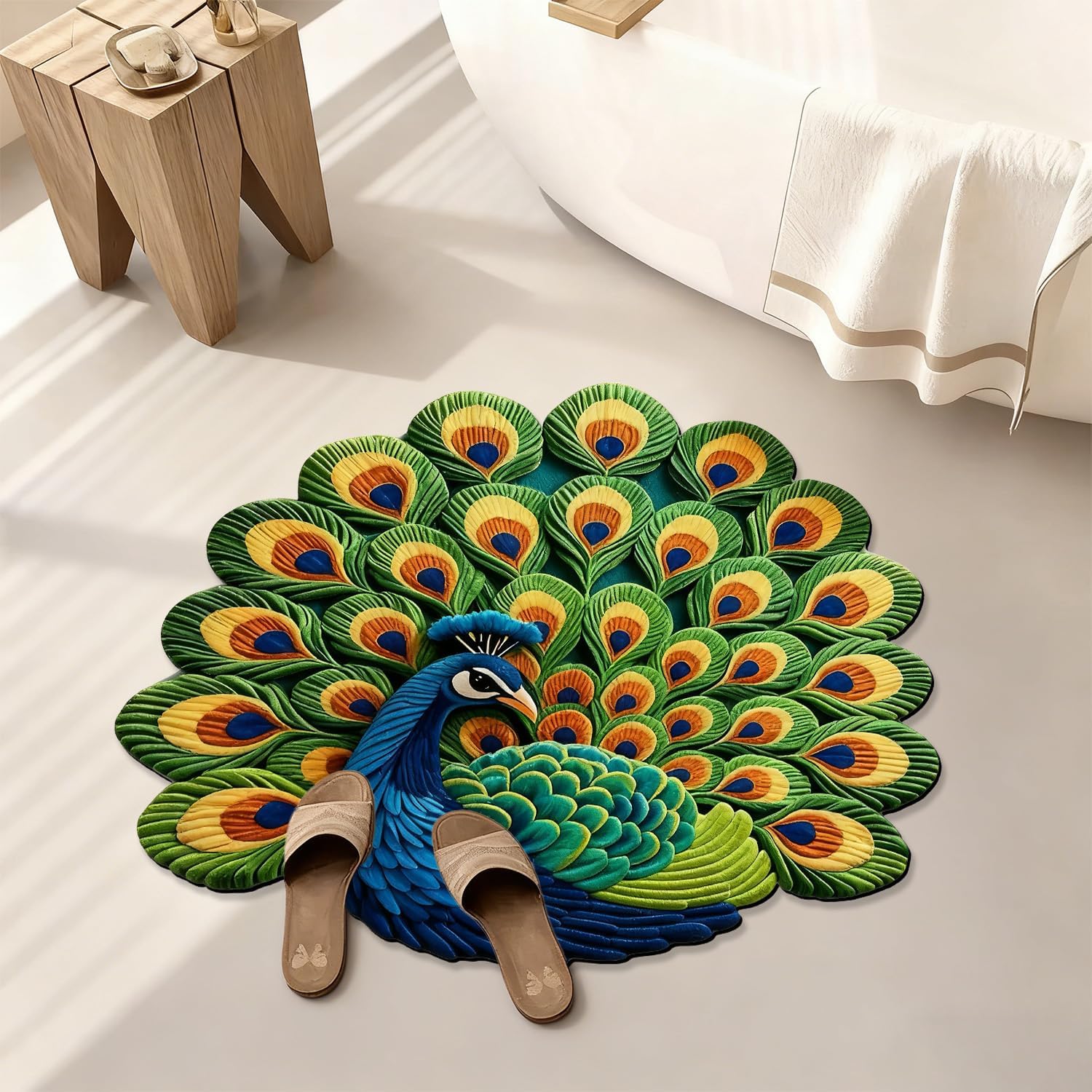 Peacock Animals Bath Mat Blue and Green Bathroom Rugs Funny Non Slip Bathtub Decor Mats Super Absorbent Floor Carpet Machine Washable Quick Dry for Tub, Shower, Bedroom, Kitchen, 31.5"x31.5"