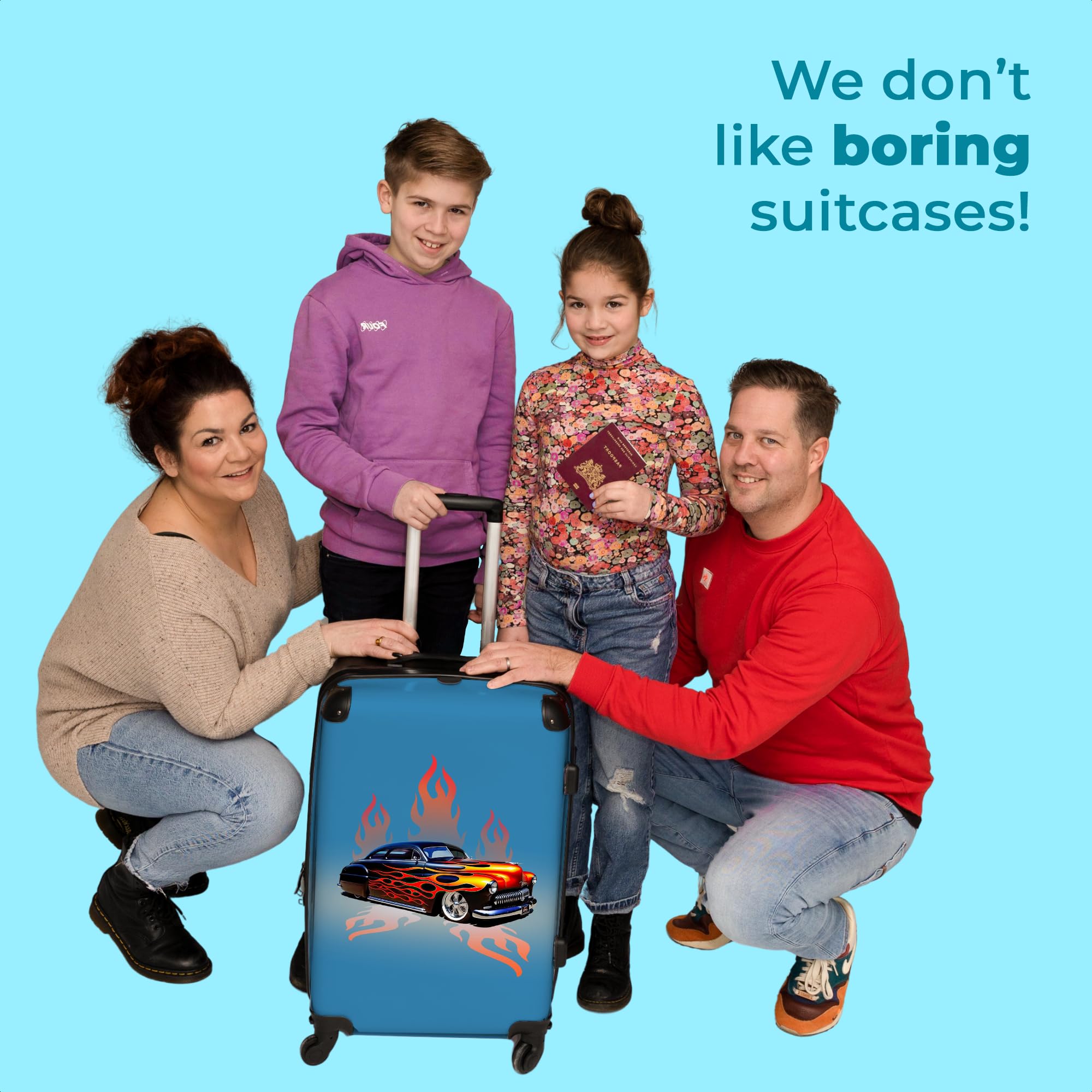 NoBoringSuitcases© Valigia Grande - 90 litri - da viaggio | Auto - Fiamme - Fuoco - Blu - Vintage - Chiusura a combinazione TSA - Trolley Rigido 4 ruote