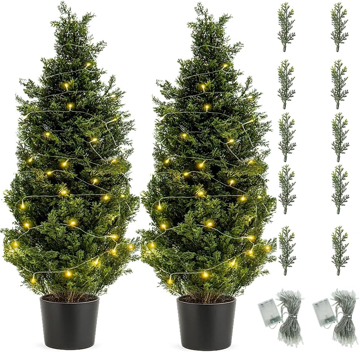 FutureNest Artificial Topiary Tree 2-Set - Beautiful Realistic Faux Cedar Pines, 4 Feet Tall, UV Protection for Longer Life, Heavy Duty Pots for Outdoor & Indoor Decor(2 LED Light Set Included) 4ft
