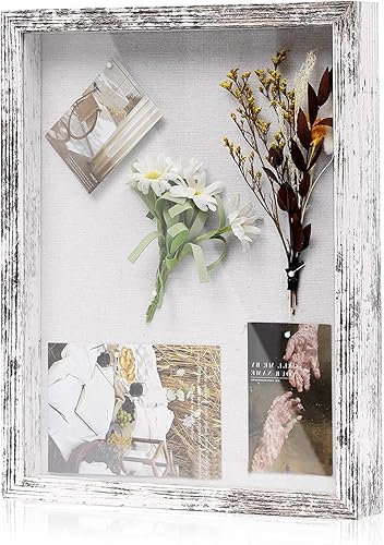 Miniatura 42 de Muzilife - Marco de Sombra con Tablero de Lino, Caja de Exhibición de Madera Profunda y Vidrio, Listo para Colgar, Caja de Recuerdos para Bebé