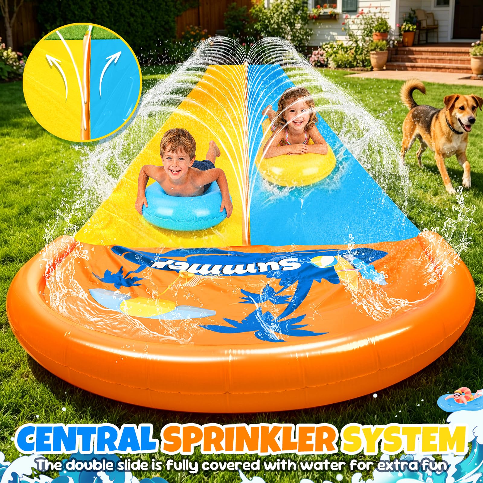 JONRRYIN 950cm Tobogán de Agua, 155cm Tobogán de césped de Doble Tobogán Hinchable con Rociador, 2 Tablas inflables para Fiestas de Verano, Jardín, Acuáticos al Aire Libre