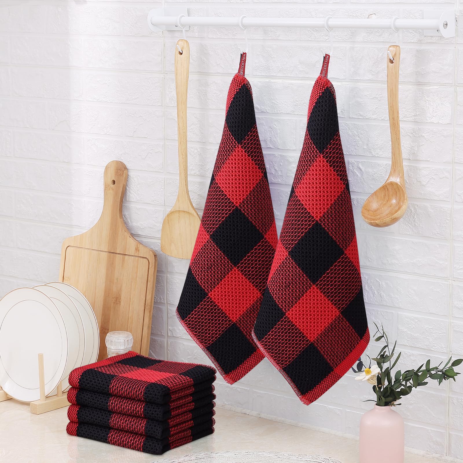 Homaxy Lot de 12 torchons à Vaisselle 100% Coton gaufré, 30,5 x 30,5 cm, Super Doux et absorbants, séchage Rapide, Noir et Rouge