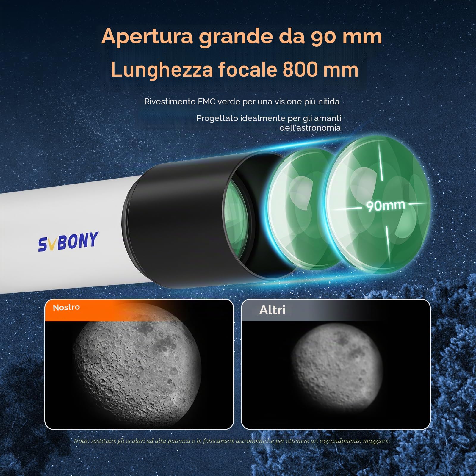 Svbony SV520 Telescopio Astronomico Professionale, Apertura 90mm, Lunghezza Focale 800 mm, Telescopio con Montatura Altazimutale, Controller Wireless, Tutto in Metallo Telescopiokit per Osservazione