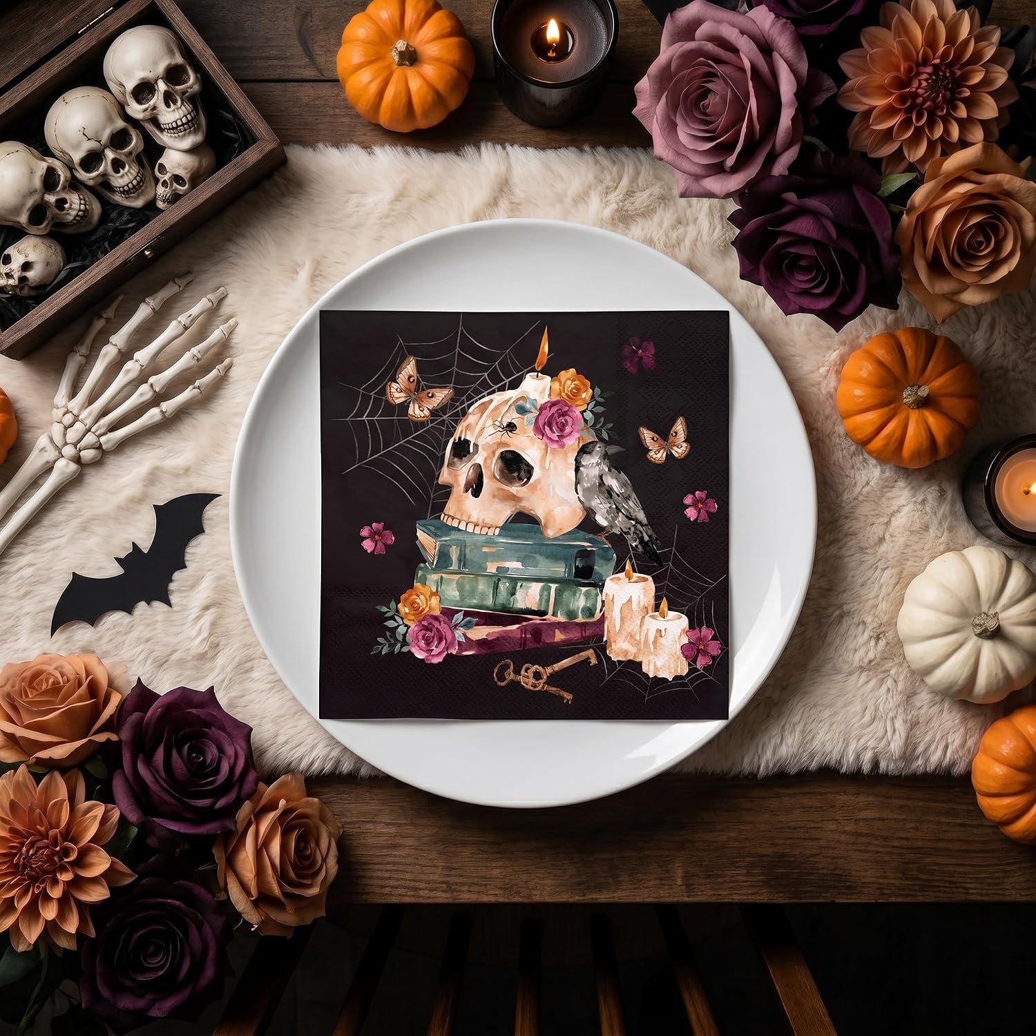 WRAPAHOLIC 50Pcs Gothic Halloween Cocktail Napkins - 3-Ply Vintage Floral Skull and Book Disposable Paper Napkins for Halloween, Birthday, Book Lover, Party - 5 x 5 In