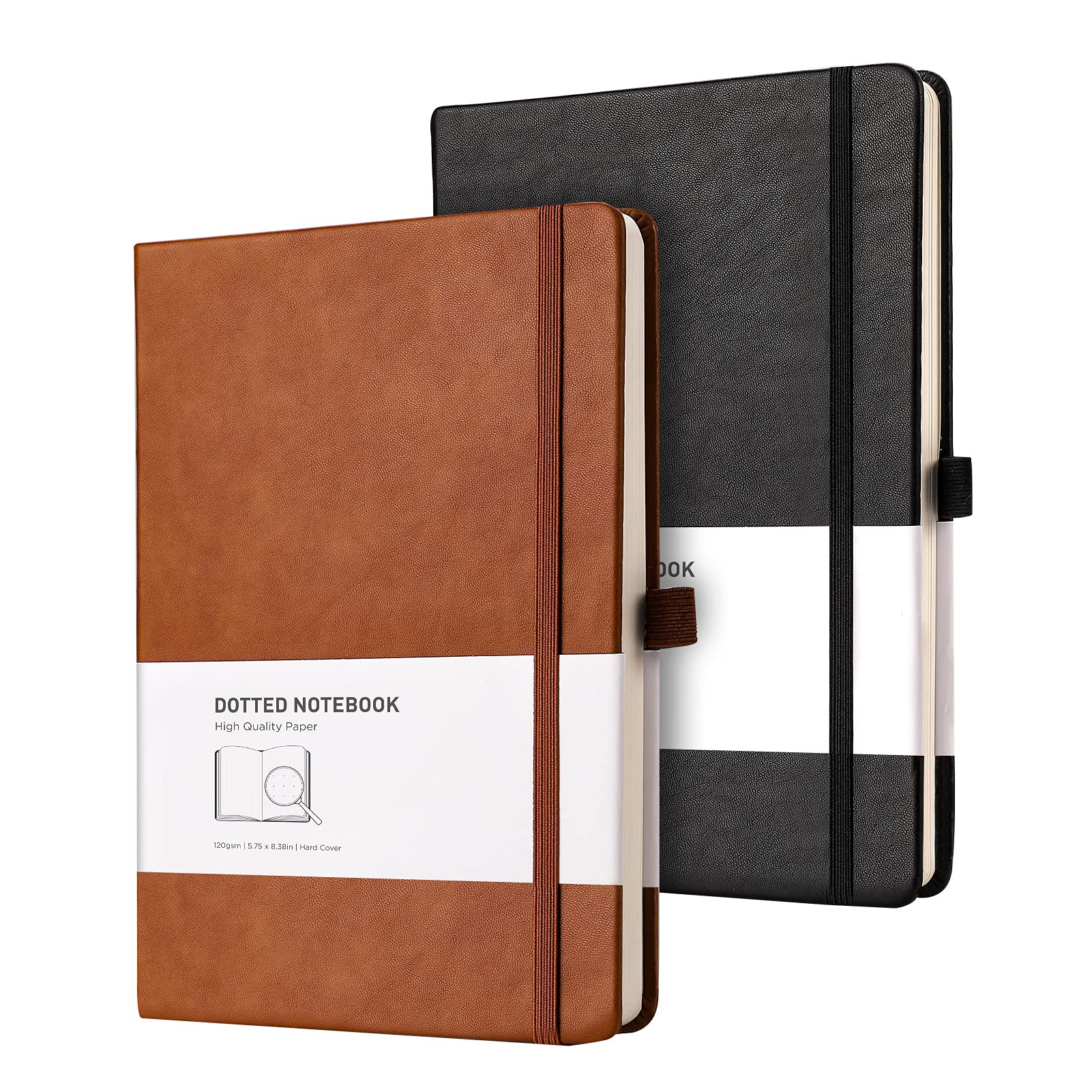 RETTACY A5 Dotted Notebook 2 Pack - Bullet Dot Grid Journal with 320 Numbered Pages Hardcover 120gsm Thick Paper, 8 Perforated Sheets, Pen Holder, Inner Pocket 14.5 x 21cm - Black Brown