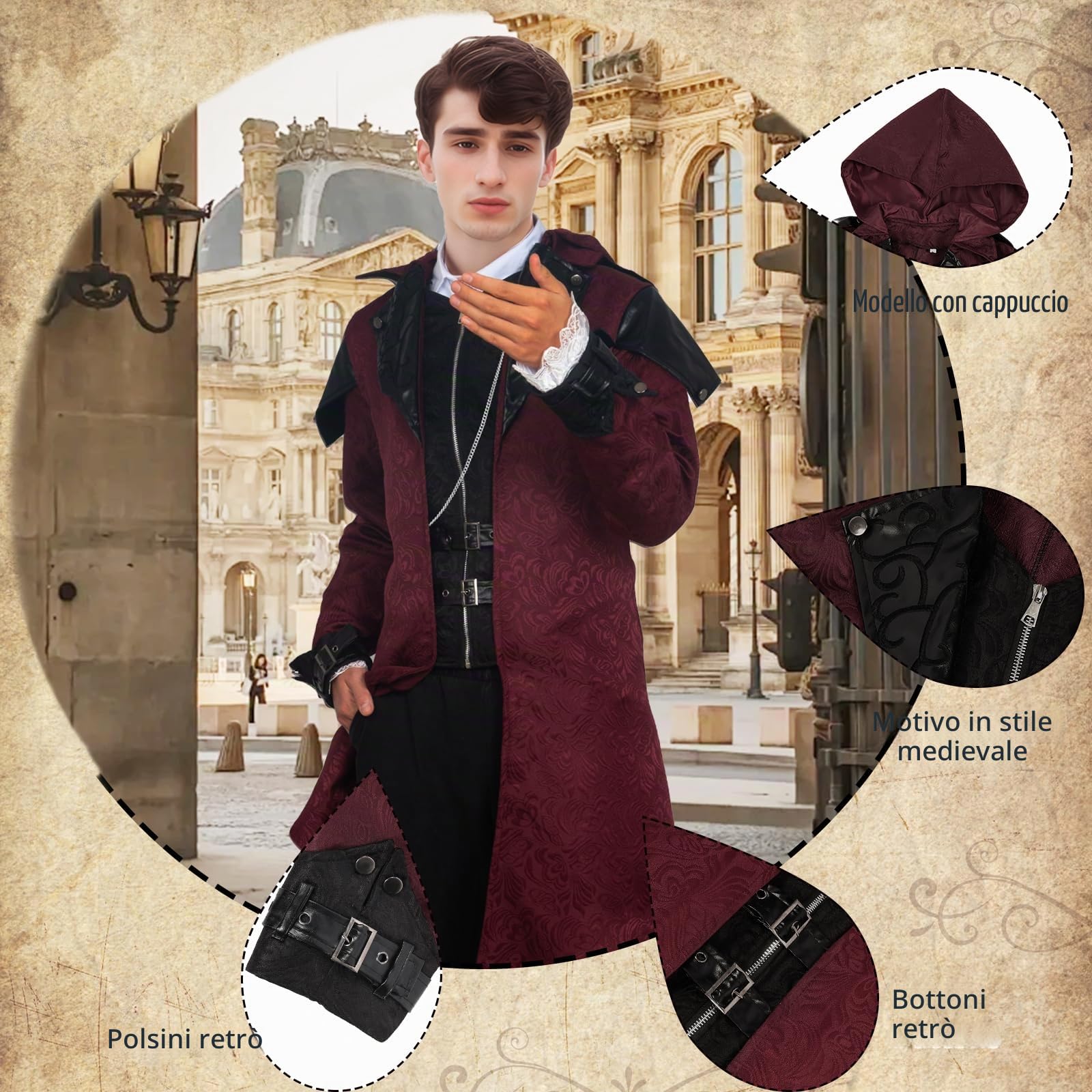 Steampunk, giacca da uomo con cappuccio, gotico frack da uomo, guaina medievale, palazzo vittoriano, vintage, costume di Halloween, carnevale, feste, cosplay