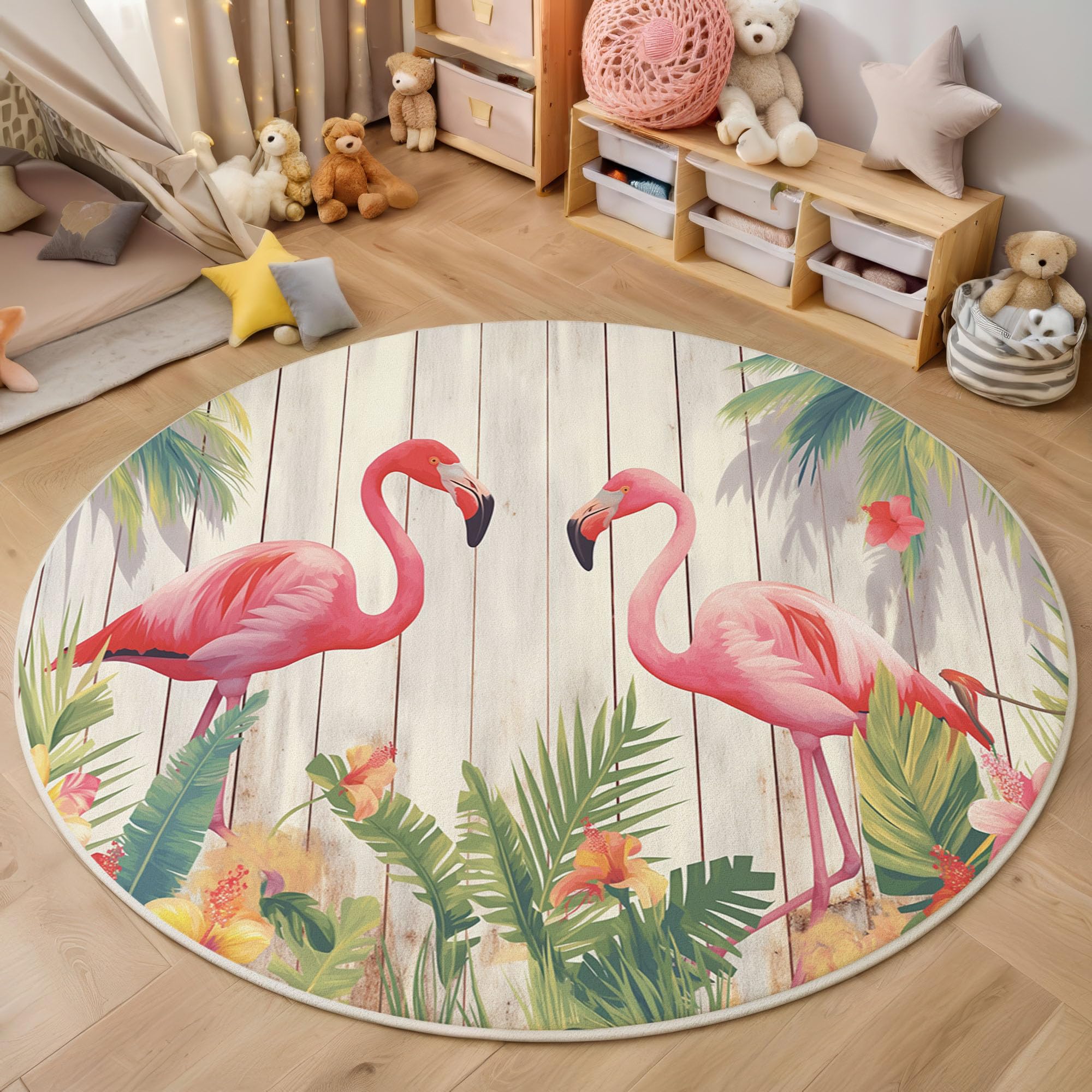 Tapis rond 160cm rose style floral tropical salon et chambre