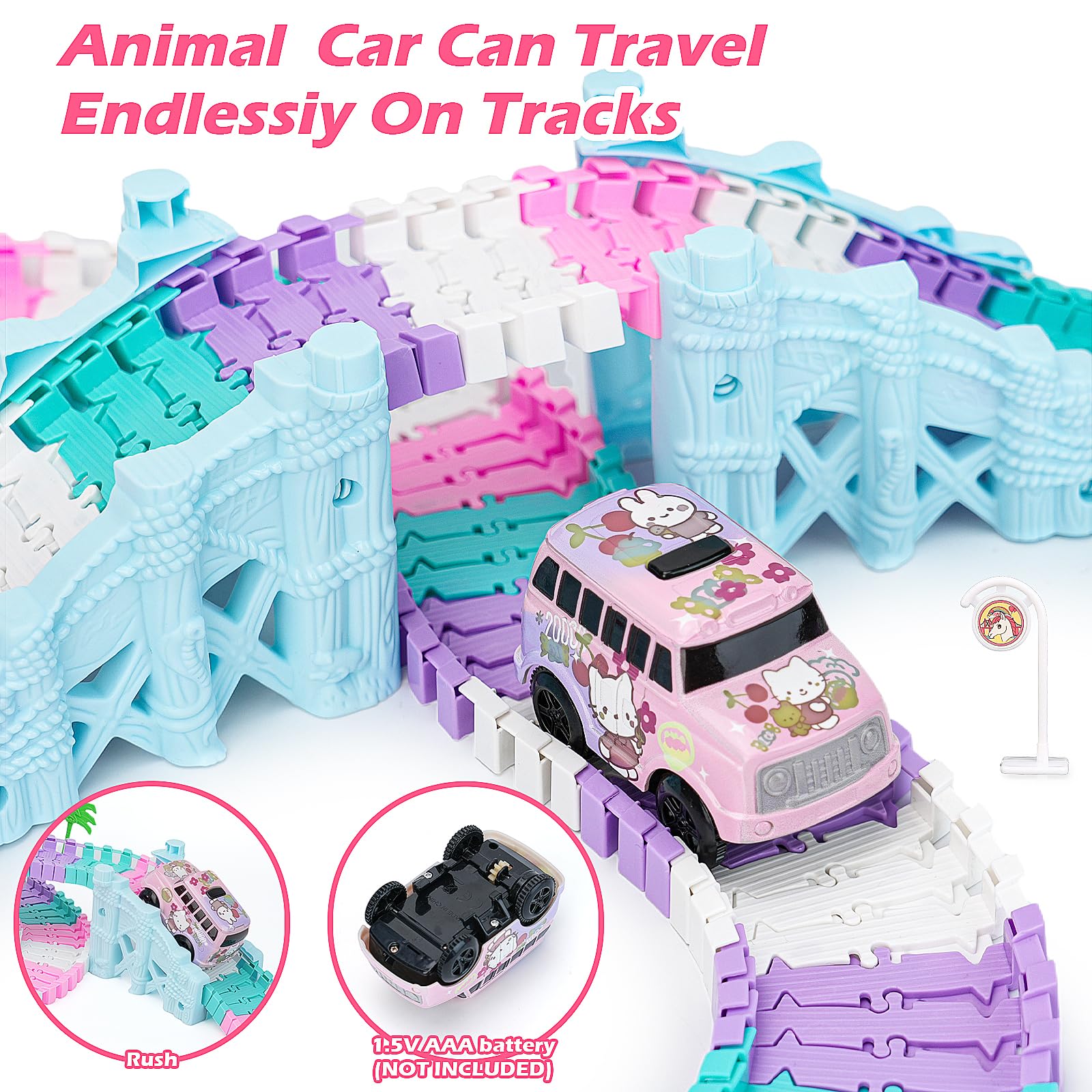 215 Pezzi Giocattolo Pista da Corsa 360° Bambini Macchinina Gatto Rosa | Flessibile Fai da Te Binari Da Assemblare, Regalo Compleanno Festa Favore Regalo Ragazzi Ragazze