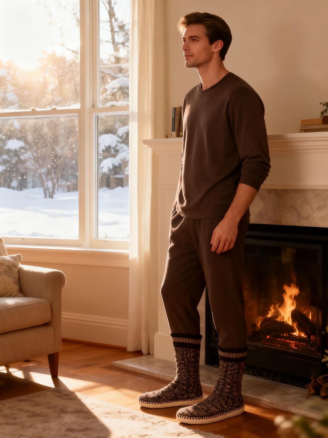 cosyone1997 Men's Slipper Socks, Winter Cable Knit Non-Skid Warm Slipper Socks, Cozy Soft Indoor Socks with Fluffy Sherpa Lined - Image 8