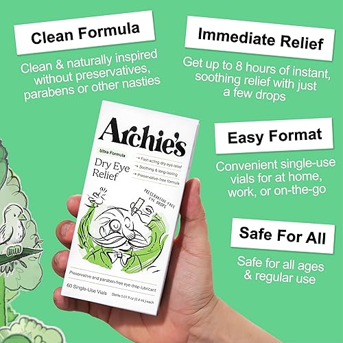 Miniatura 2 de Archie's Remedies, Alivio para ojos secos, gotas para los ojos ultra lubricantes, fórmula limpia y frascos sin conservantes, un solo uso, para