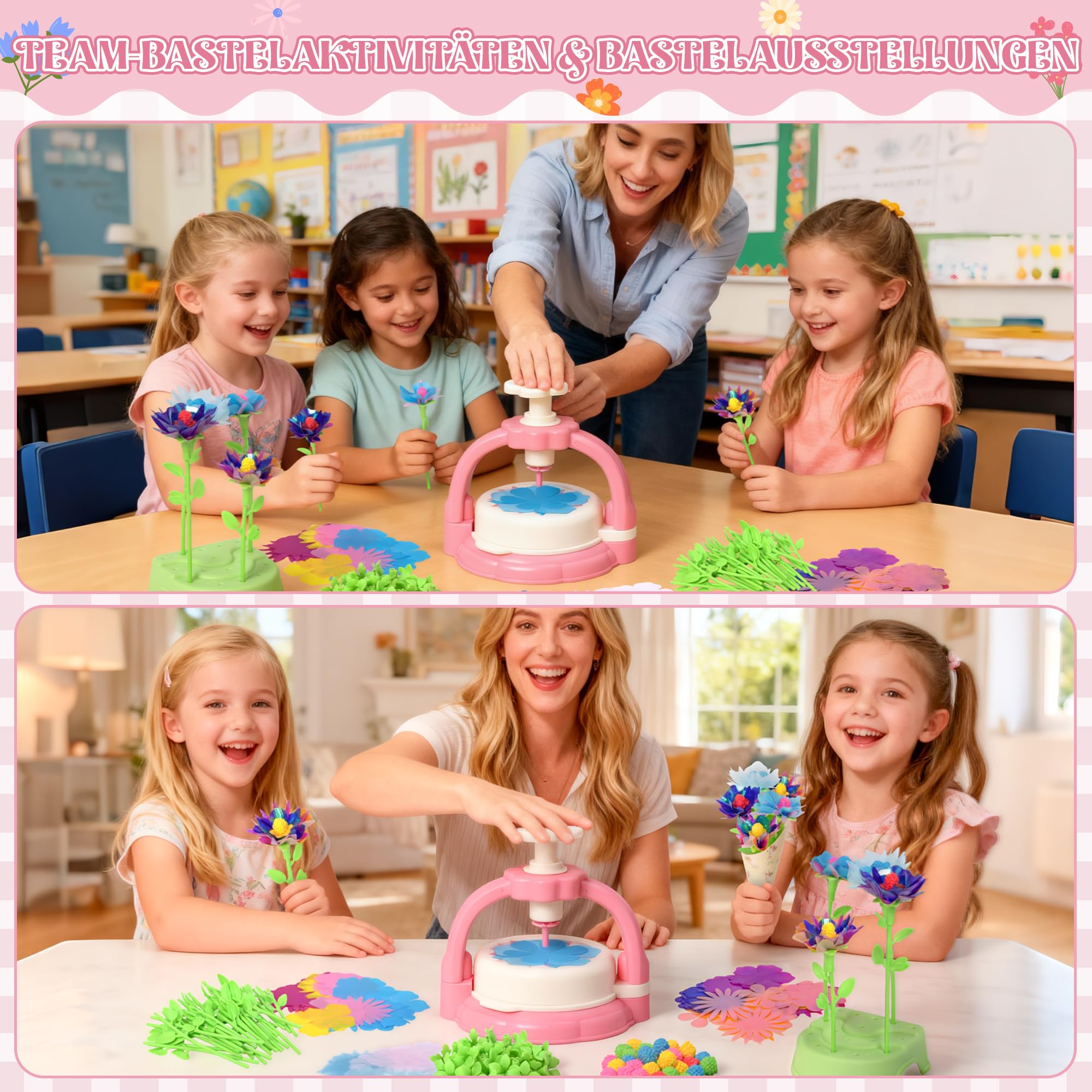 269 Stück Blumenpresse Bastelset mit Blumenmaschine Blumenkunstpapier, Kreatives DIY Schöne Stoffblumensträuße Blumen Spielzeug Kunsthandwerk für Mädchen Jungen Aktivitäten Geburtstagsgeschenk, Rosa