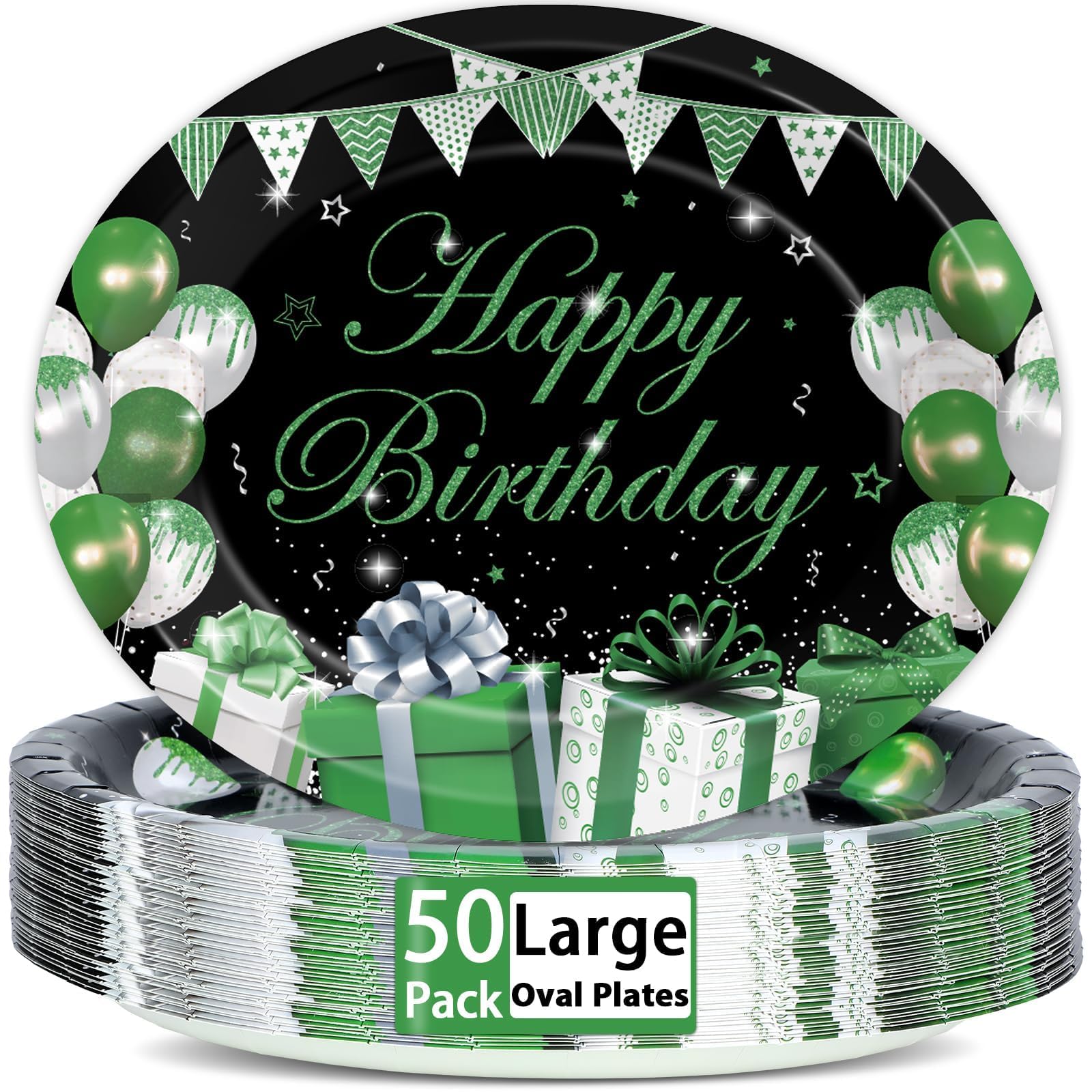 Lonfliness 50PCS Black and Green Birthday Oval Paper Plates 11inch Large Green Platters, Happy Birthday Party Decorations Heavy Duty Dish Tray for Men