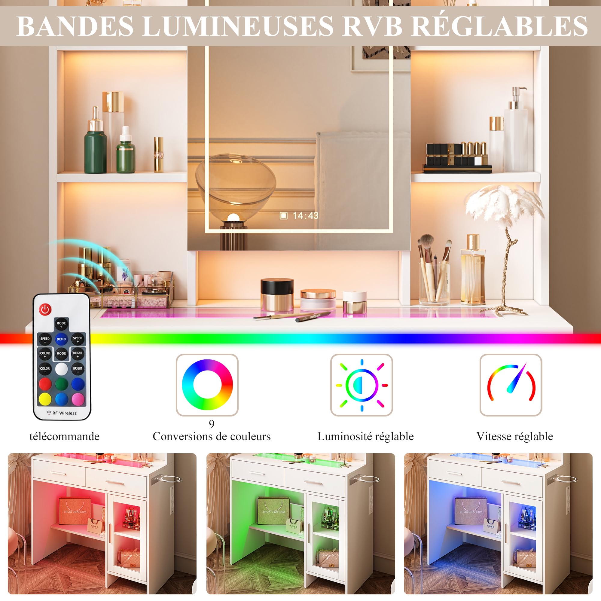 Schminktisch mit LED-Spiegel und Glasplatte, Steckdose, Halterung für Haartrockner, 2 Schubladen, 8 offene Regale, 1 Schrank, Schminktisch, moderner Schminktisch (weiß, 89,8 x 40 x 145 cm)