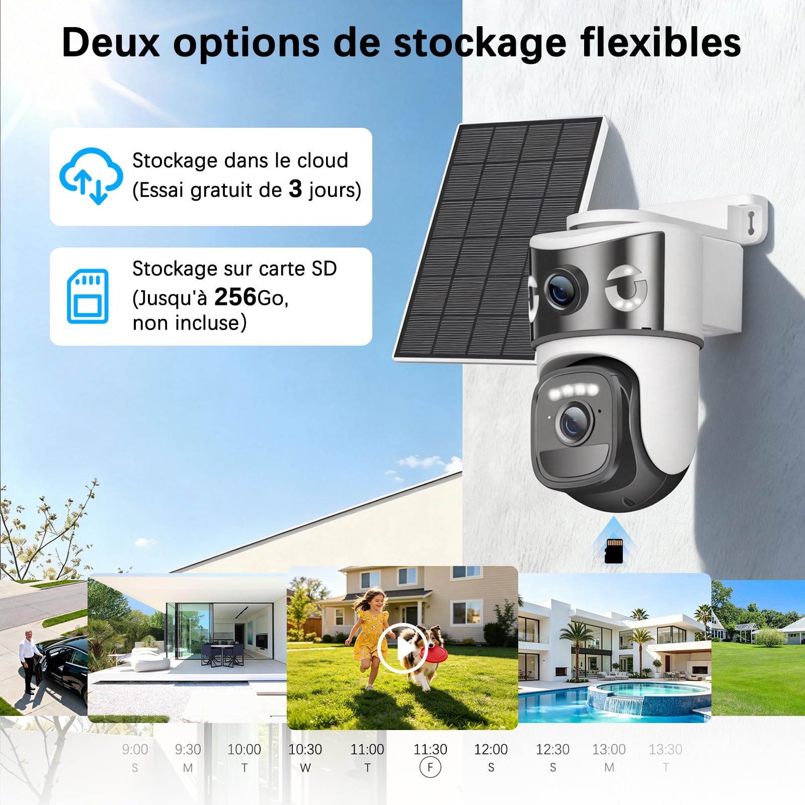 8MP Caméra de Surveillance WiFi Extérieure sans Fil,4K Double Objectif Camera Extérieur Solaire avec Panneau,355° PTZ,Vision Nocturne,Suivi Automatique,PIR Détection Humaine,Audio Bidirectionnel,IP66