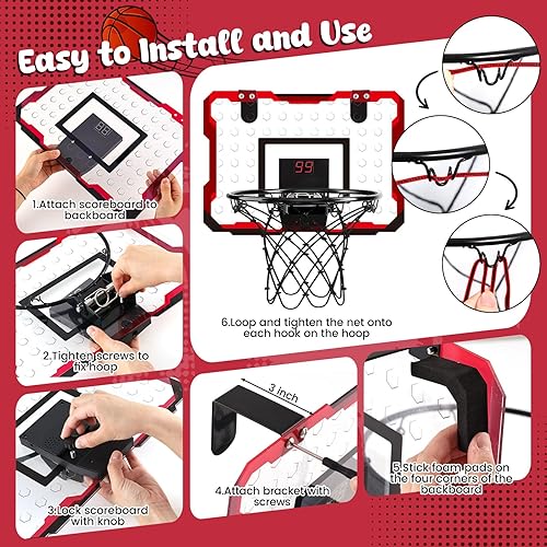 Miniatura 6 de LovesTown Mini aro de baloncesto para interiores para niños, aros de baloncesto sobre la puerta con iluminación LED, mini aro con 4 bolas de