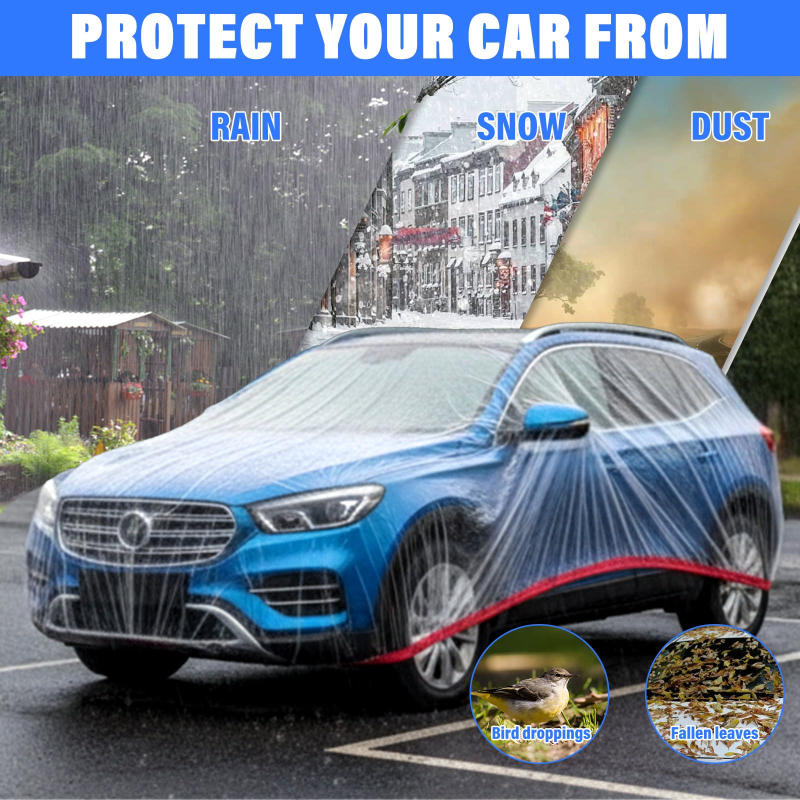 4 Pack Disposable Car Cover Clear Plastic Car Cover Universal Rain Dust Garage Covers with Elastic Band Medium — view 5