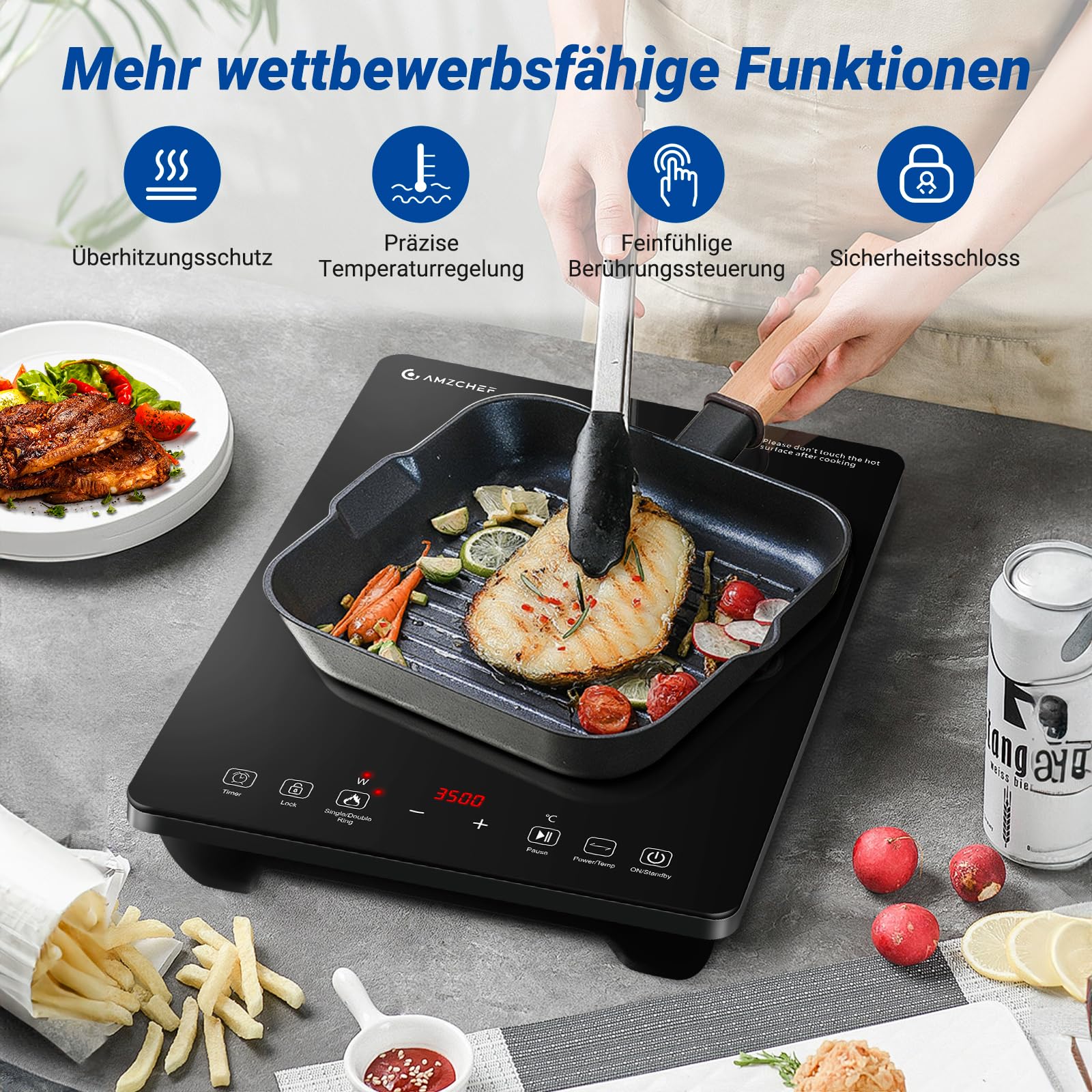 AMZCHEF Induktionskochplatte Einzel, 3500W Induktionskochfeld mit Doppelter Ring, 9 Stufen, Sicherheitssperre
