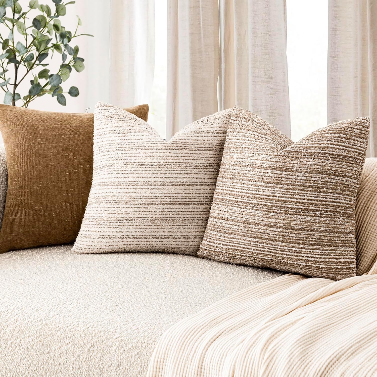 Foindtower Set of 2 Faux Fur Textured Modern Throw Decorative Pillow Covers Square Accent Striped Cushion Sherpa Boho Farmhouse Pillowcase for Couch Sofa Living Room Home Decor 20x20 Inch,Tan Khaki