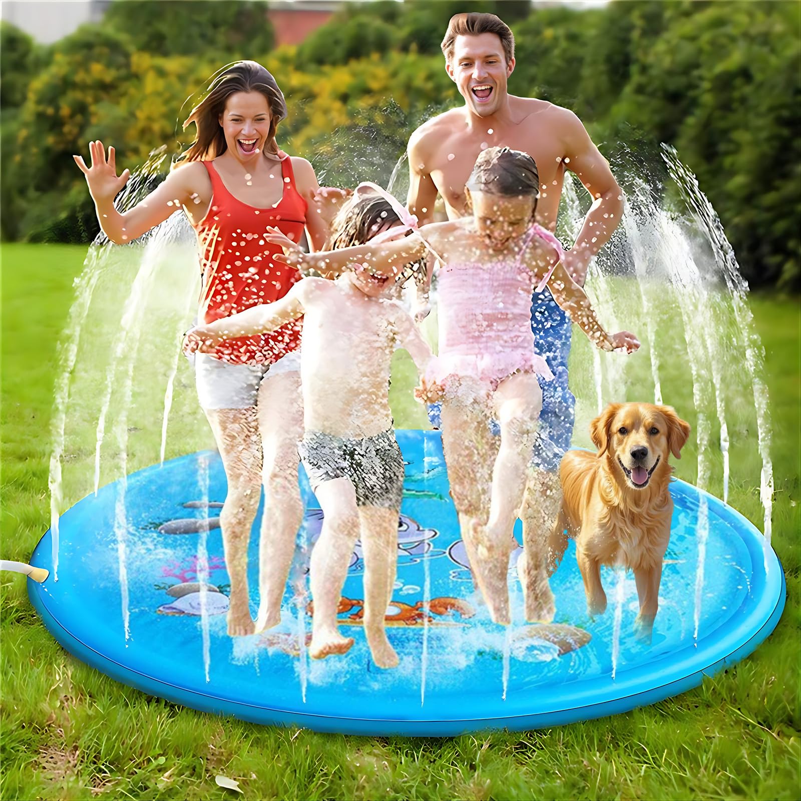 170cm Extra Large Round Dolphin Sprinkler and Water Play Mat, Thickened Non-Slip Water Sprinkler Pad Inflatable Water Toys, Gift for Kids Dogs, Summer Garden Outdoor PlayBlue