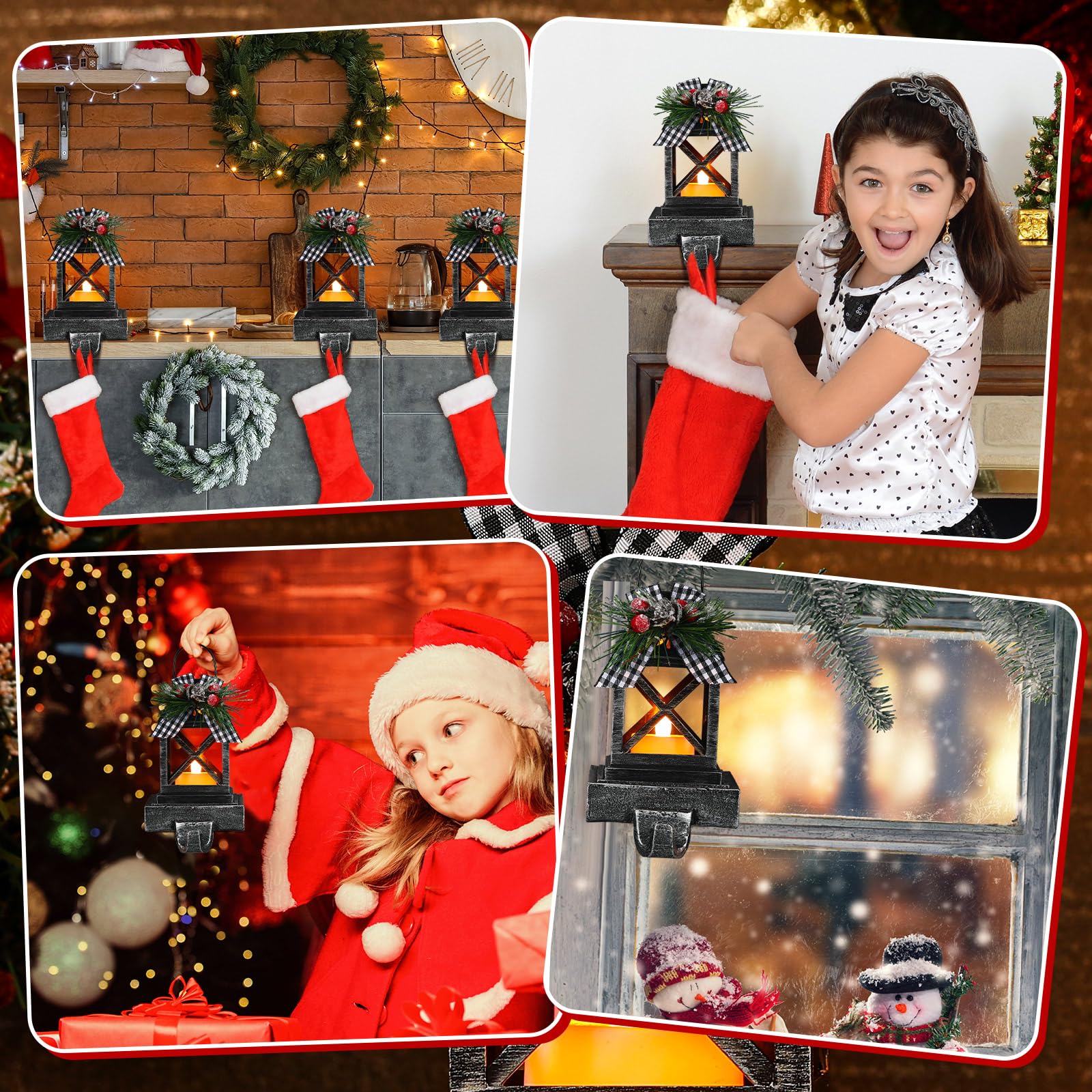 Therwen 2 soportes para calcetines de Navidad, farol, ganchos de Navidad para mantel, ganchos de Navidad, soportes decorativos retro para decoración del hogar, interiores y exteriores (clásico, negro)