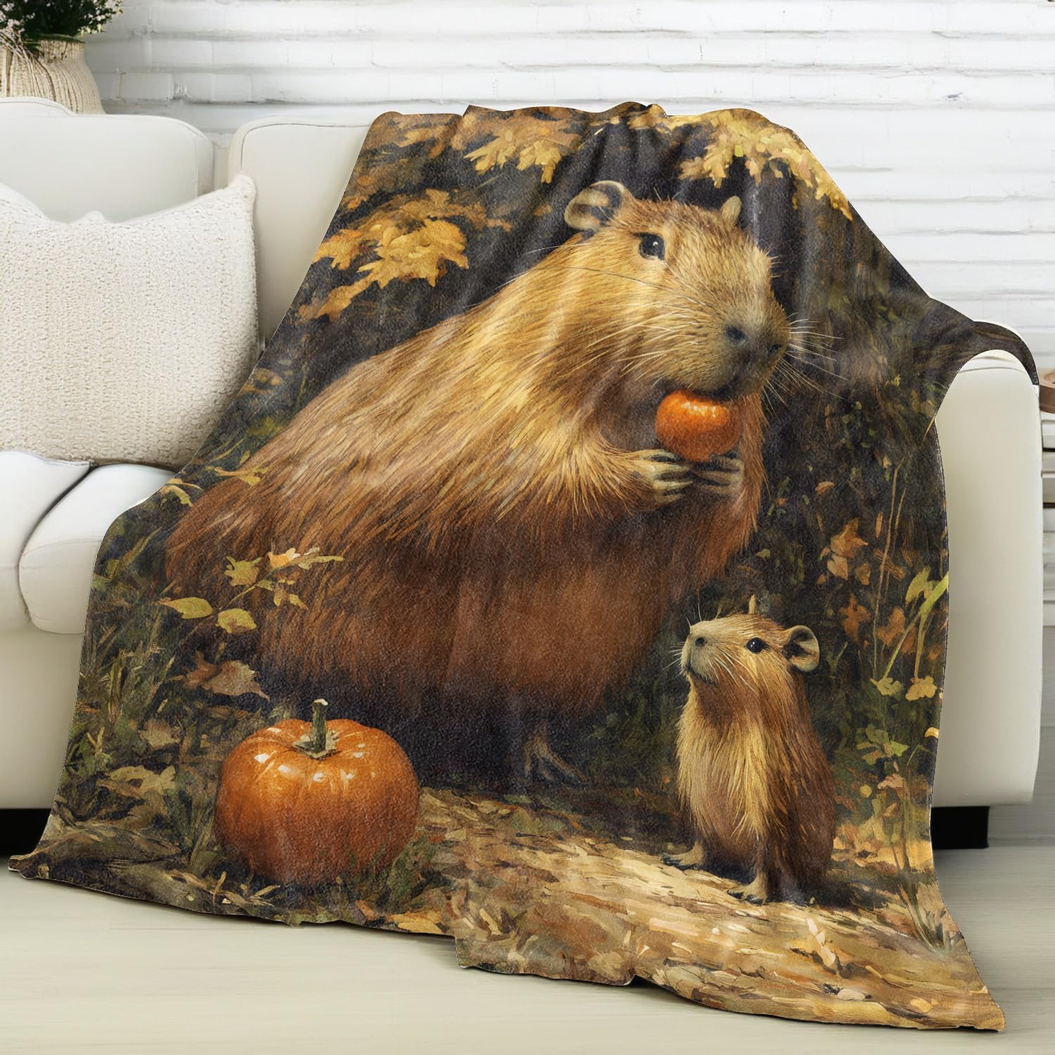 Capybara Blanket Lightweight Flannel Blankets Gifts for Adults Cute Animal with Autumn Pumpkin Printed Throw for Couch Chair Office Bedroom Fall Thanksgiving Decor, 60x50inch