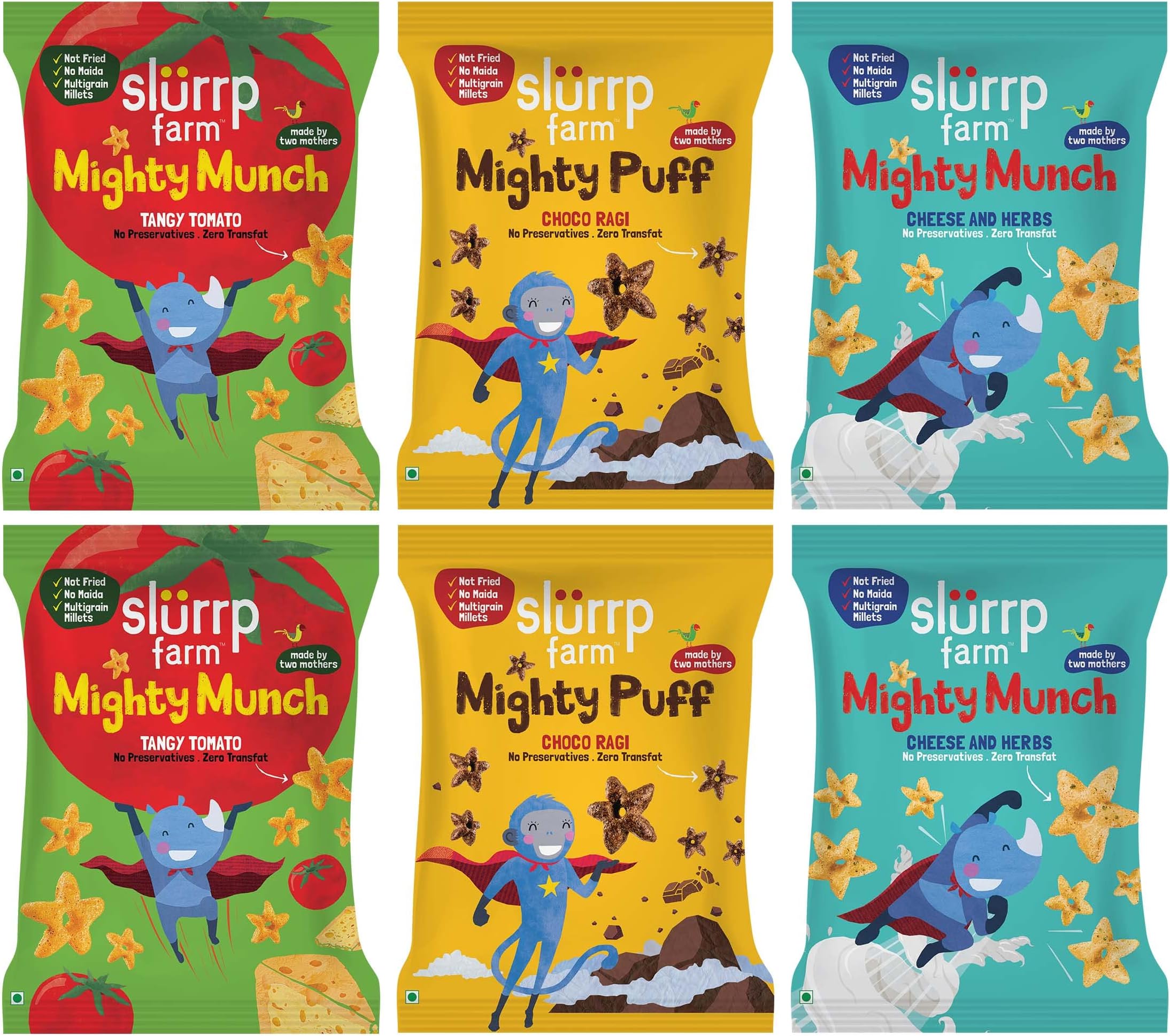 Slurrp Farm Mighty Puffs Choco Ragi, Tangy Tomato and Cheese & Herbs 20g, Pack of 2 each