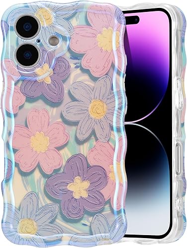 Miniatura 64 de EYZUTAK - Funda protectora de TPU para iPhone 12 Pro, estilo retro colorido, diseño láser brillante de pintura al óleo, estampado floral, borde Azul