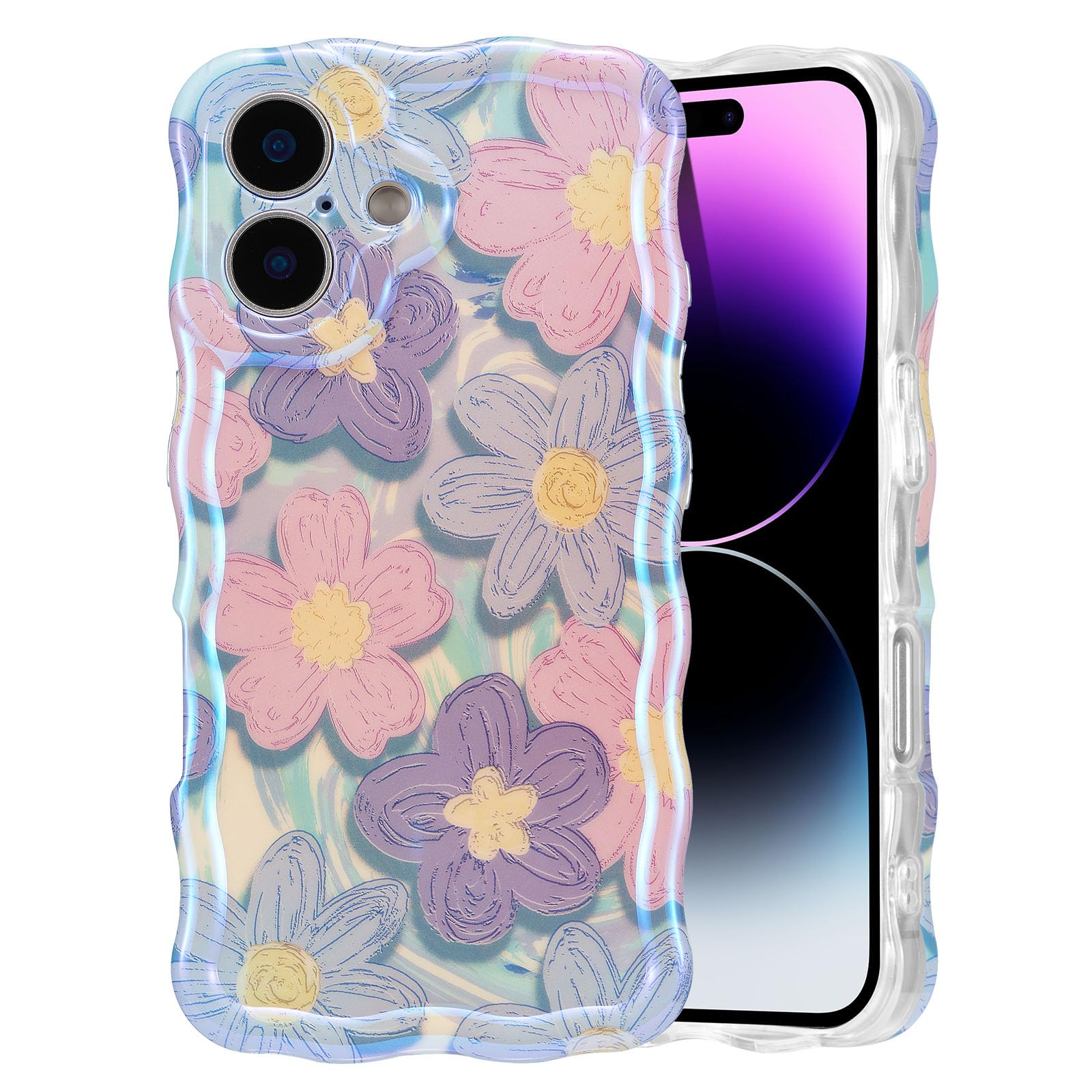 EYZUTAK Case for iPhone 15, Colorful Retro Oil Painting Flower Laser Beam Glossy Pattern Cute Curly Waves Border Exquisite Phone Cover Stylish Durable Soft TPU Protective Case for Girls Women - Green — view 49