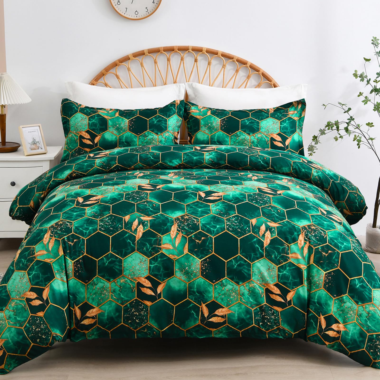 DJY Green Geometric Duvet Cover Golden Leaves Reversible Bedding Set