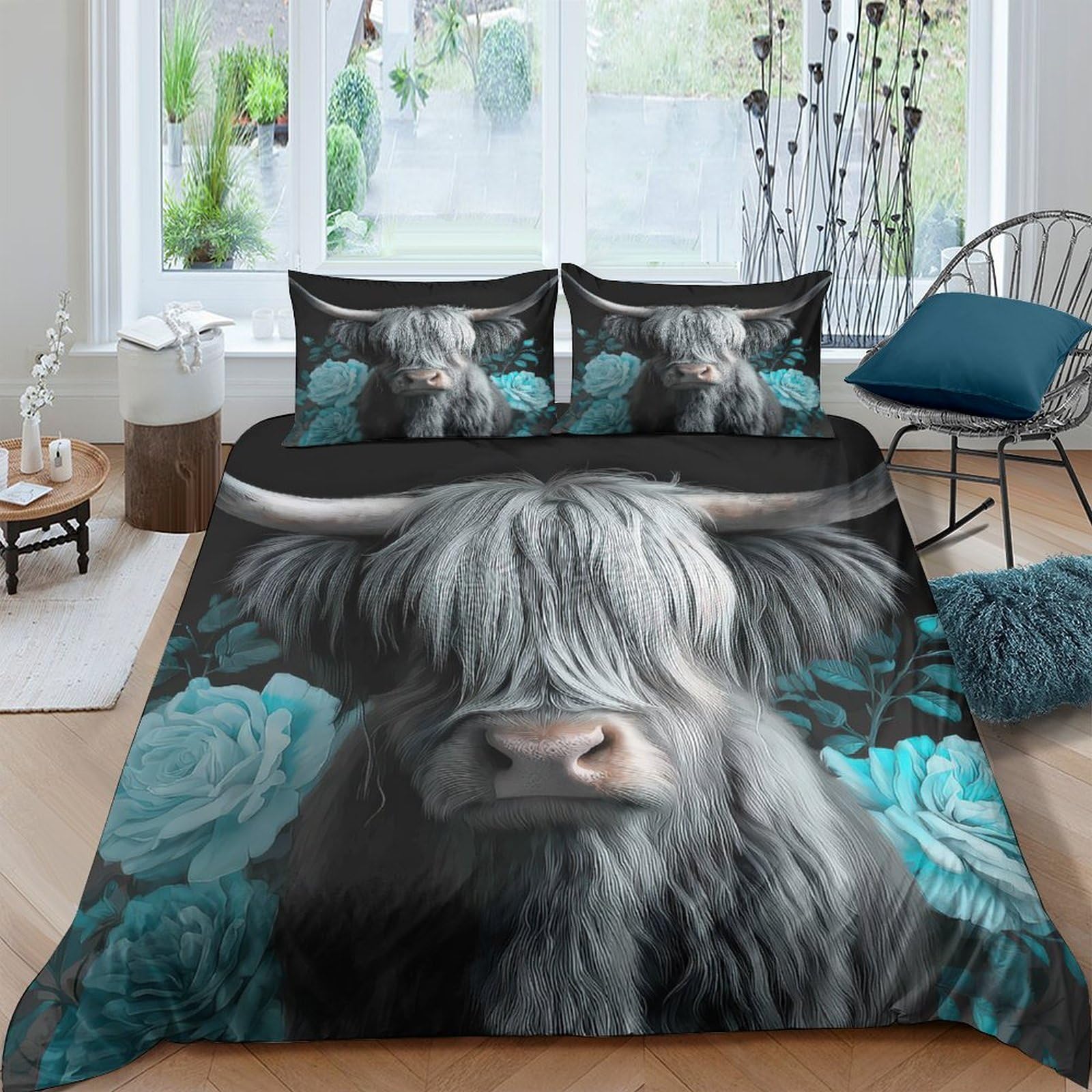 Ctjqhvkz Style-2 3D Printed Highland Cow Fitted Sheet Microfiber Soft Breathable Blue Floral Mattress Cover For Bedroom Guestroom Decor Single（135X200cm）