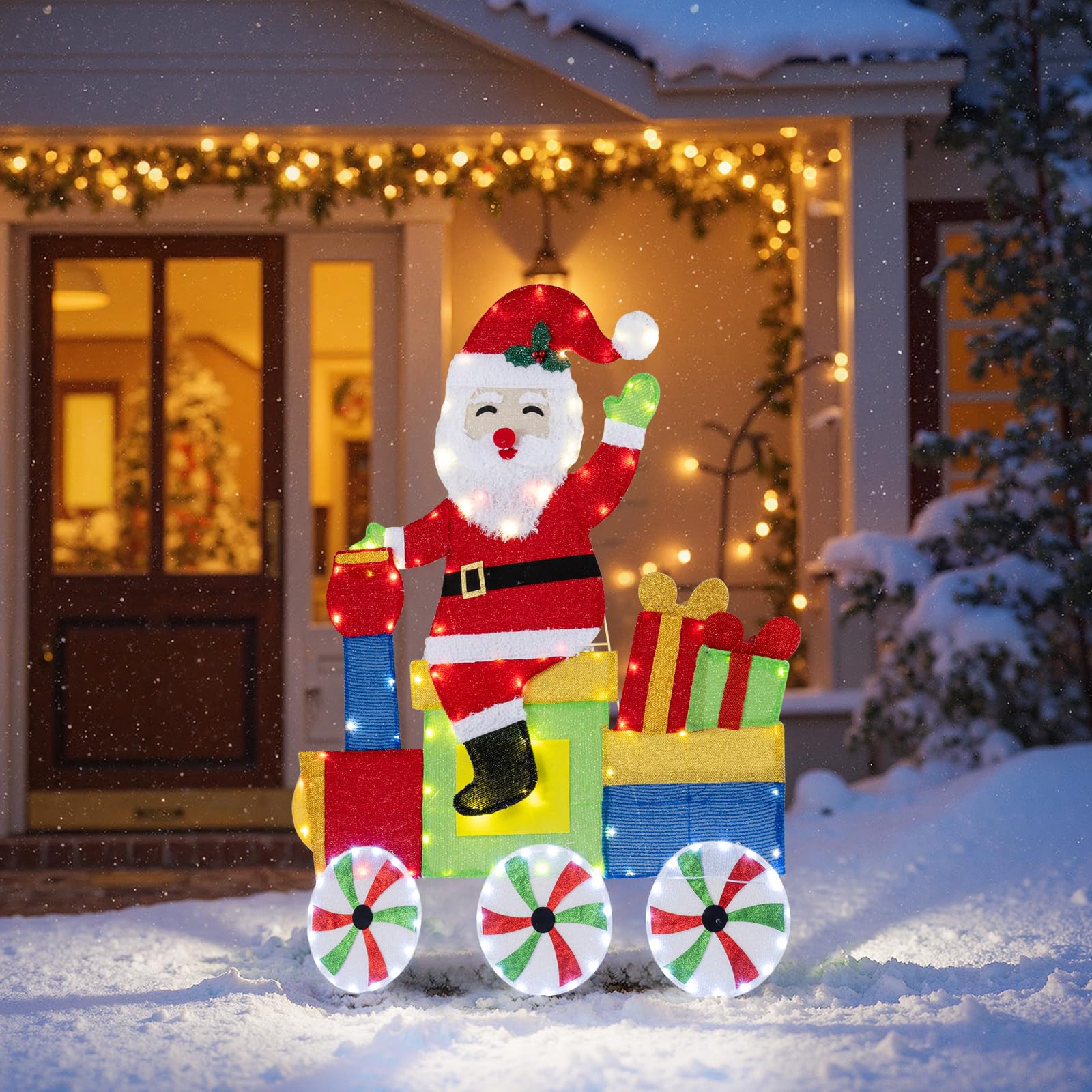 GOPLUS Decoración Navideña Exterior con Papá Noel en Tren y 133 Luces LED