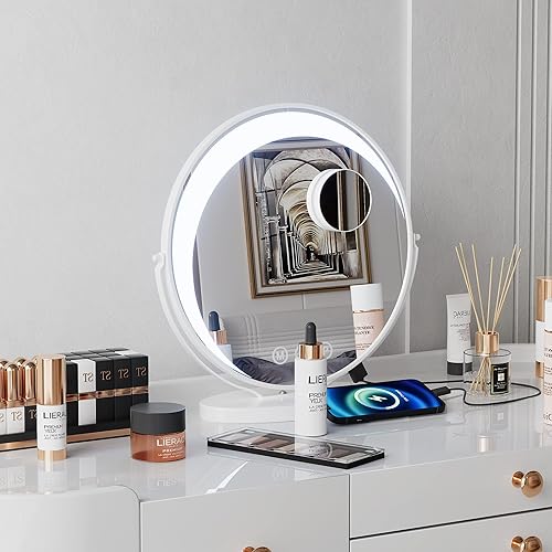RICHTOP Espejo de tocador de maquillaje LED redondo de 12 x 12 pulgadas con luces, control de pantalla táctil de mesa, espejo de maquillaje