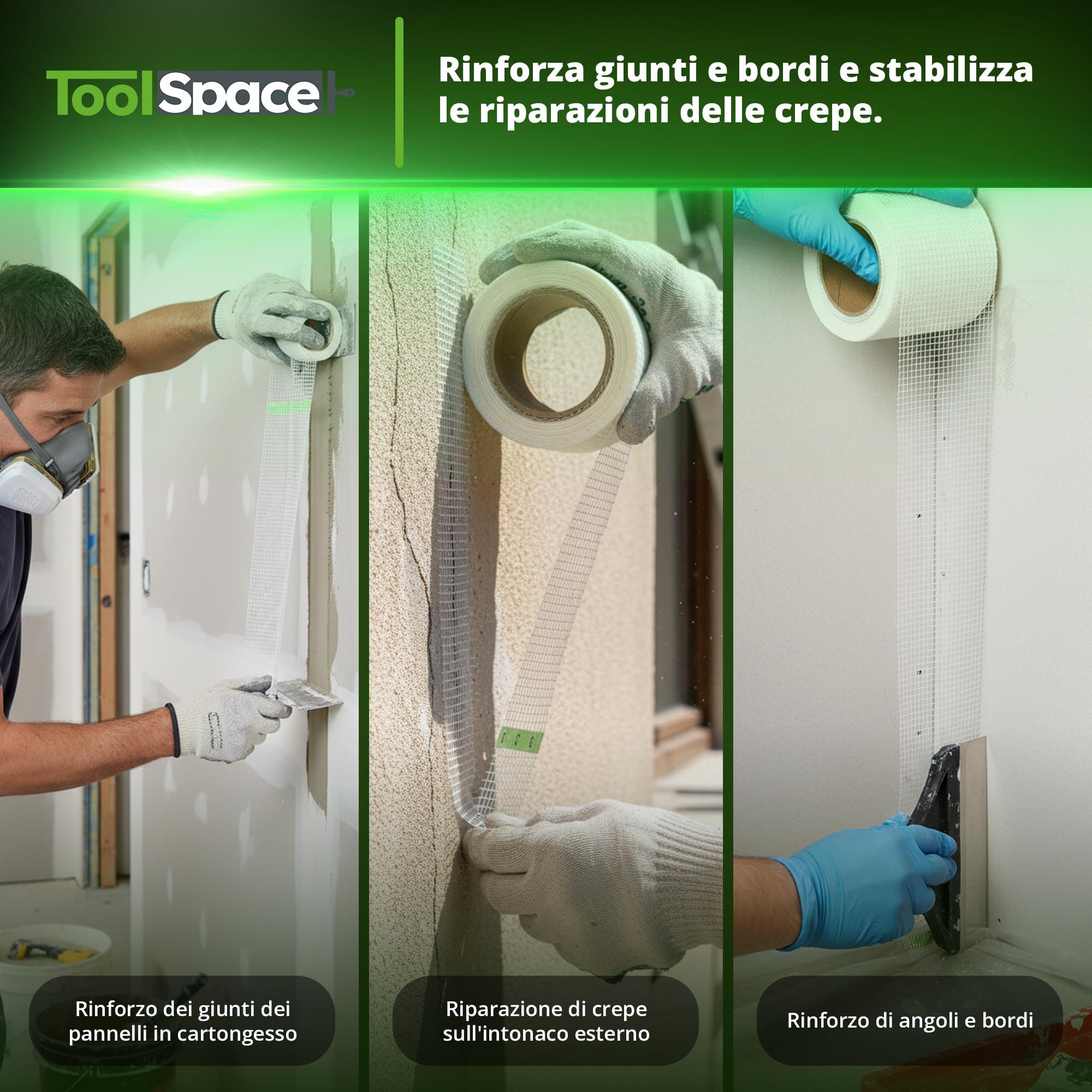 ToolSpace Nastro Fibra Vetro Cartongesso Autoadesivo 10 cm x 20 m Riparazione Crepe Muro Giunti Stuccatura Interni Rete Rinforzata Rasatura Intonaco Rinforzo Impermeabile Gesso Rasante Fessure Buchi