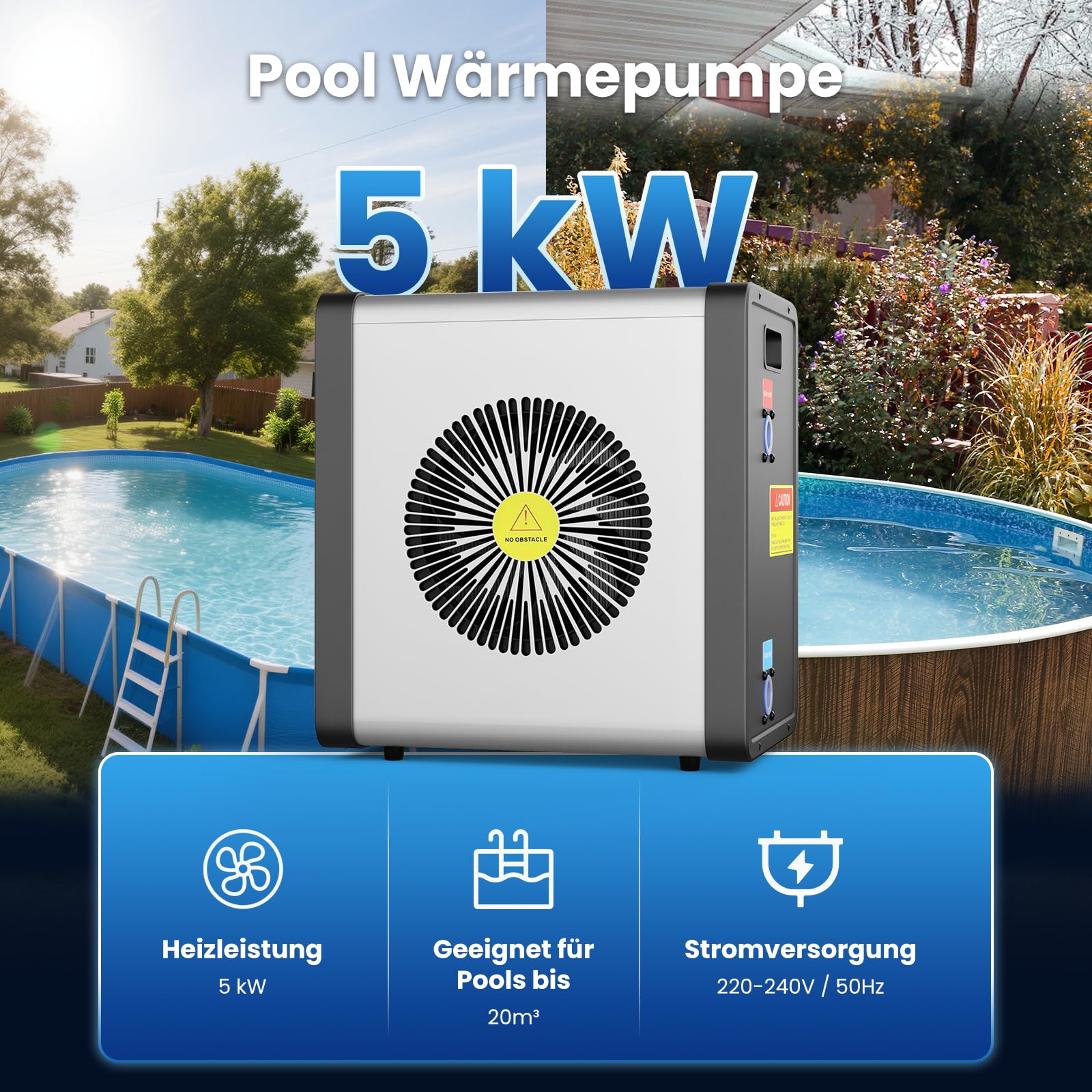 Mini-Wärmepumpe für Pools – 5 kW steckerfertig, leise (29–45 dB), COP 5,5, 220–240 V – Heizen & Kühlen für bis zu 20 m³ – verlängert die Badesaison um Monate