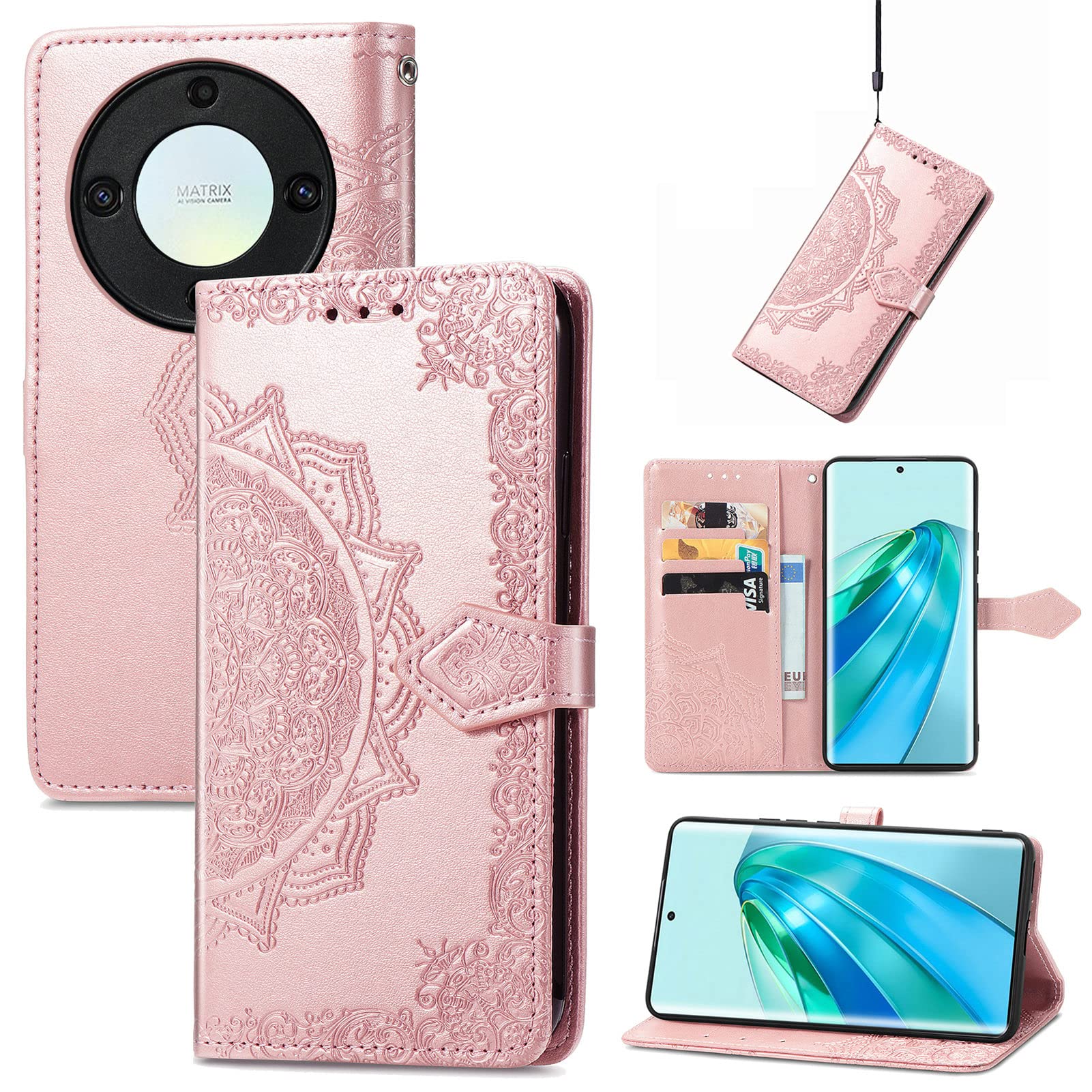 Custodia Portafoglio A Libro In Pelle Con Mandala Per Honor Magic 5 Lite 5G - Cover Con Porta Carte, Cavalletto E Cinghia, Colore Blu - 3